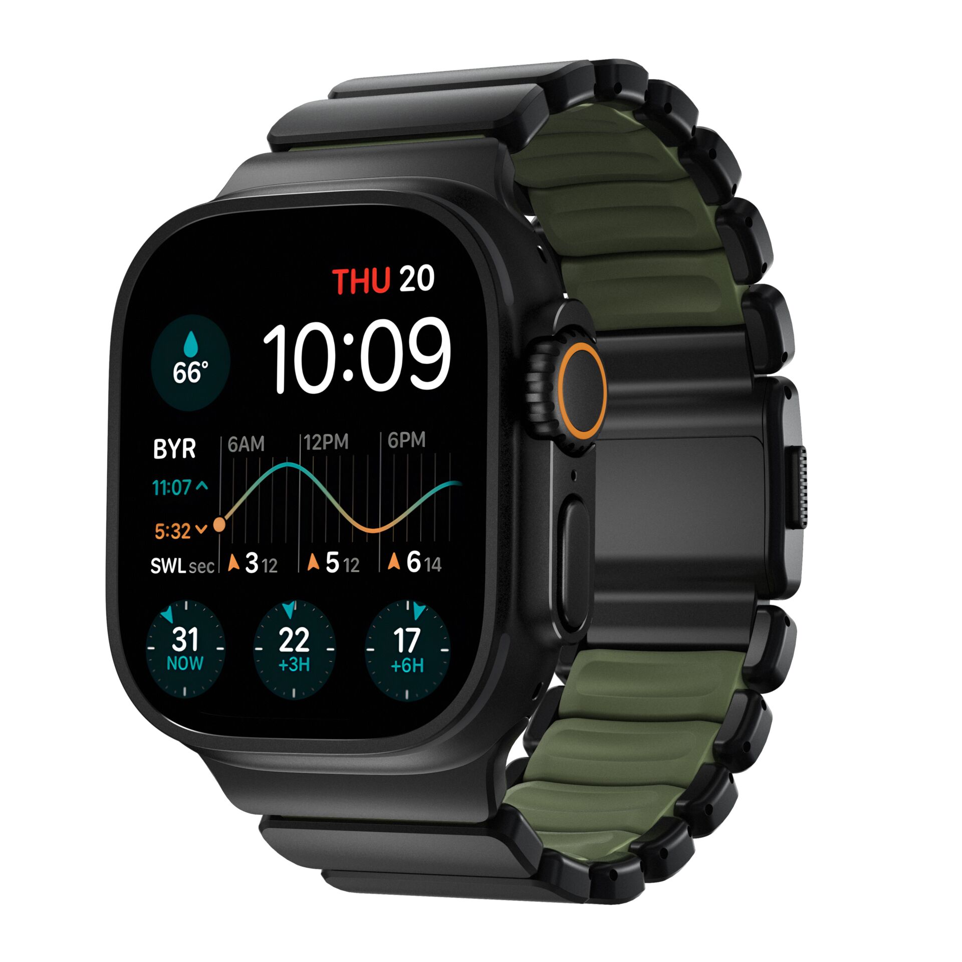 Smartwatch, Digital display, Metallarmband, Schwarzes Gehäuse, Olivgrünes Band