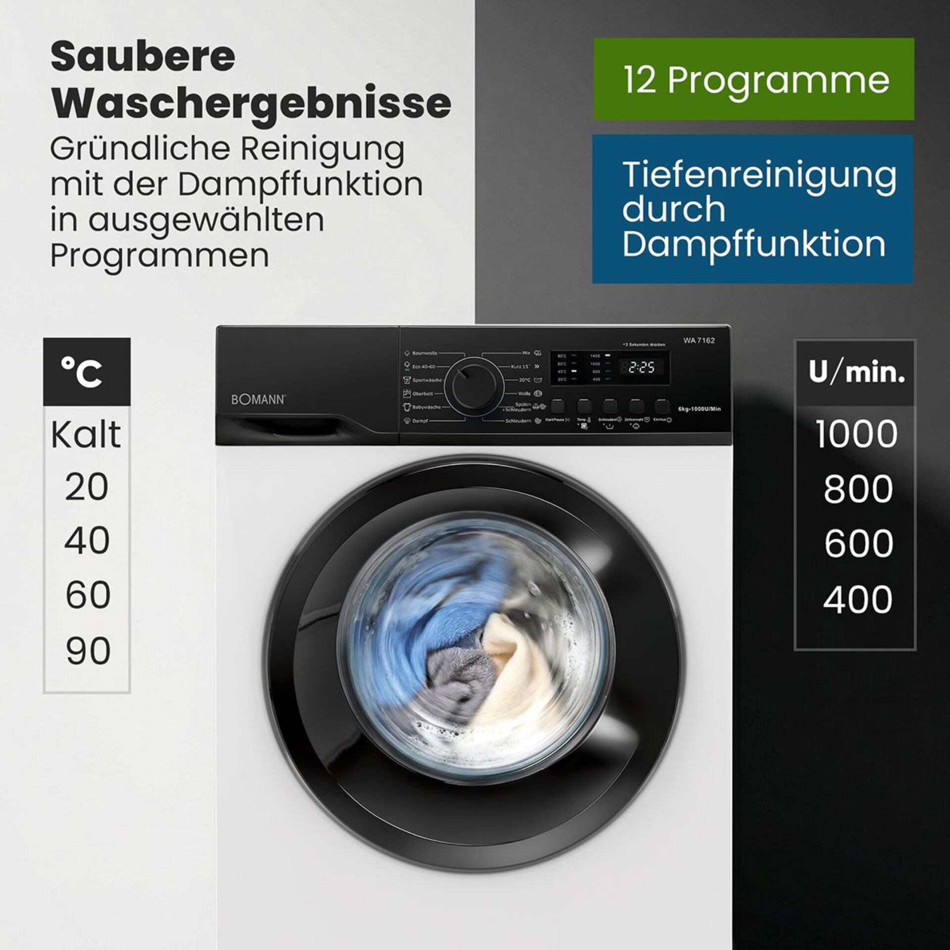 Waschmaschine, Frontlader, Kalt-/Warmbereich, Drehvorschub, Programmauswahl
