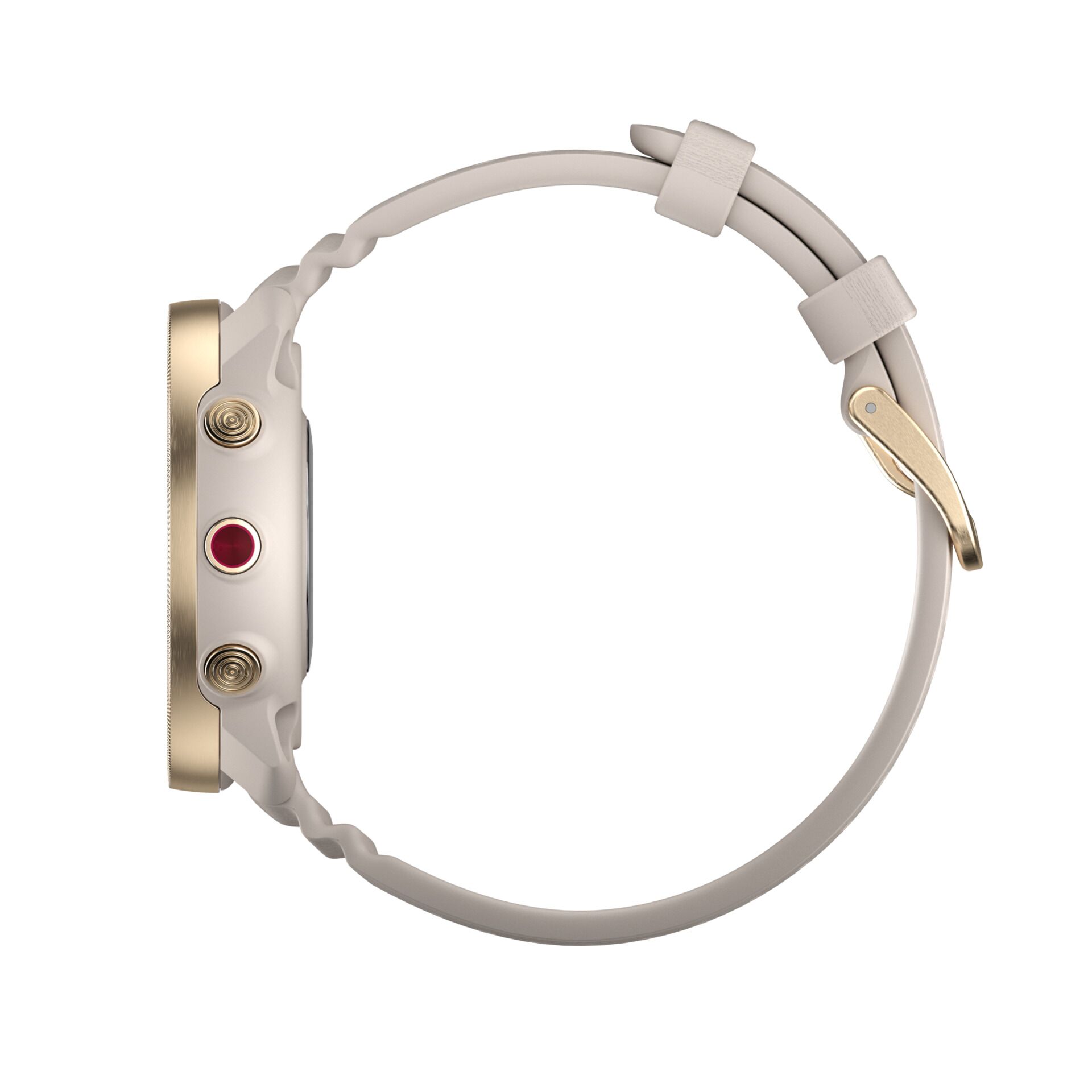Uhrengehäuse, Goldfarbener Rand, Rotknopf, Knopfbedienung, Armband