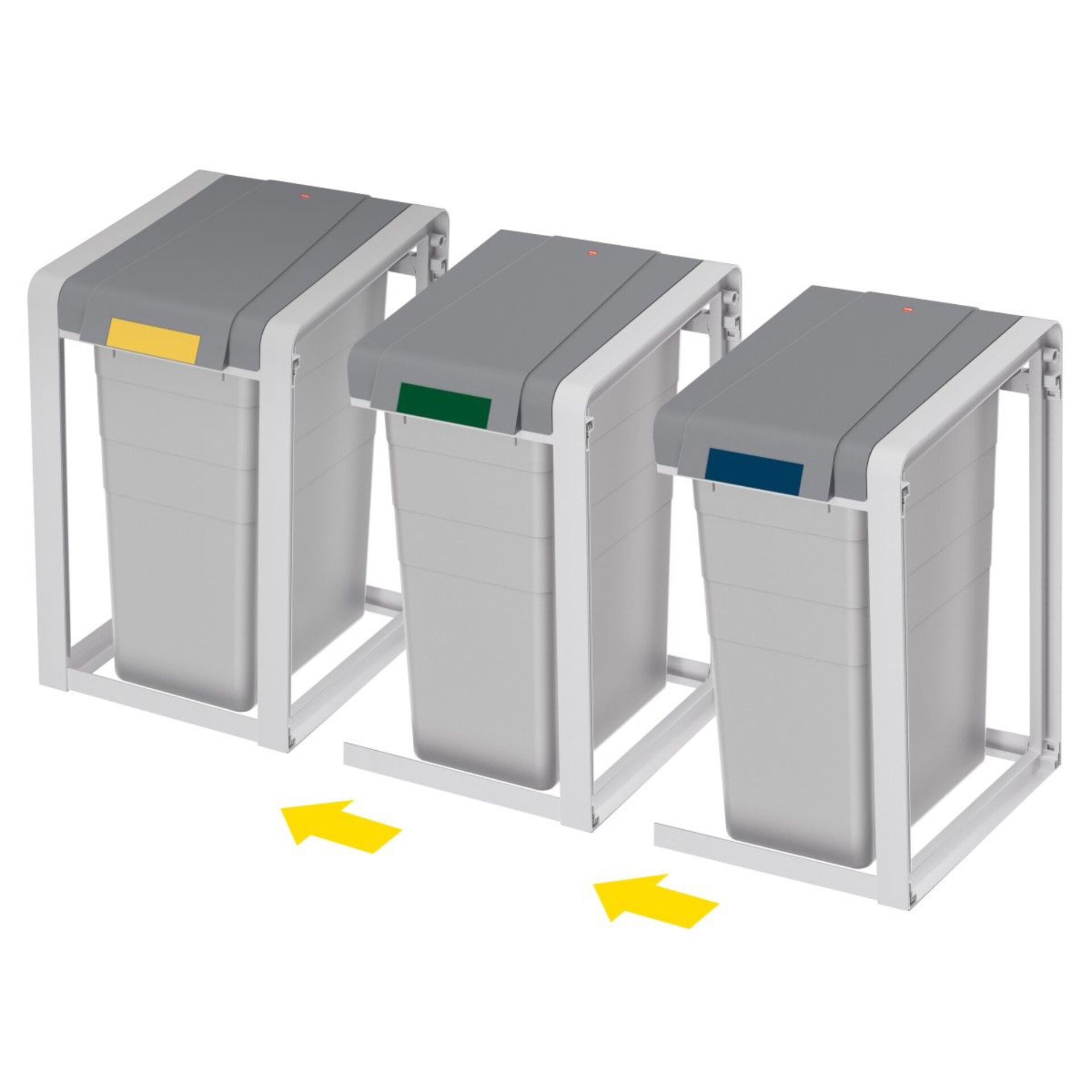 recycling bin, trash can, pedestal, three units, slotted lid