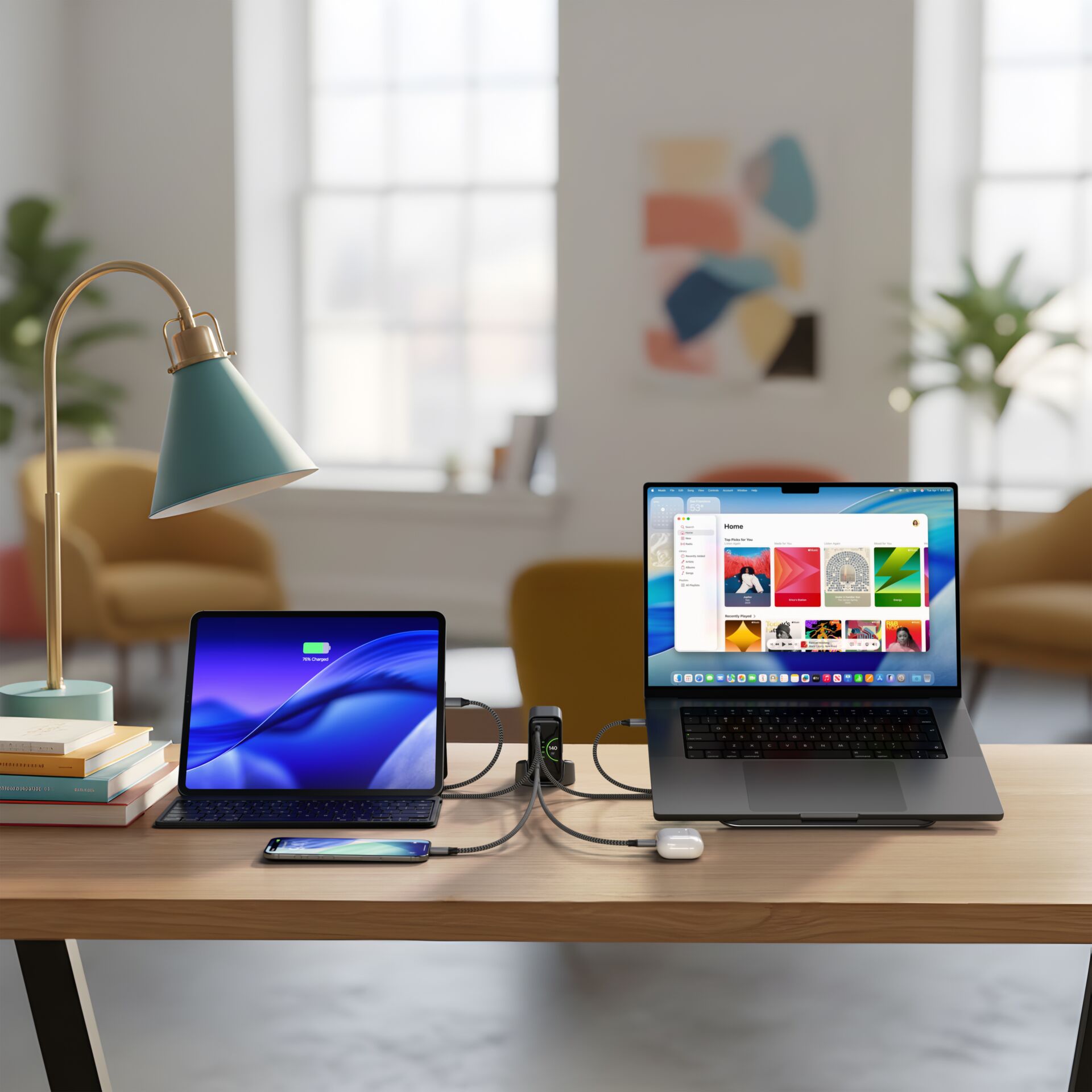 laptop, tablet, desk setup, Ladestation, usb-c kabel