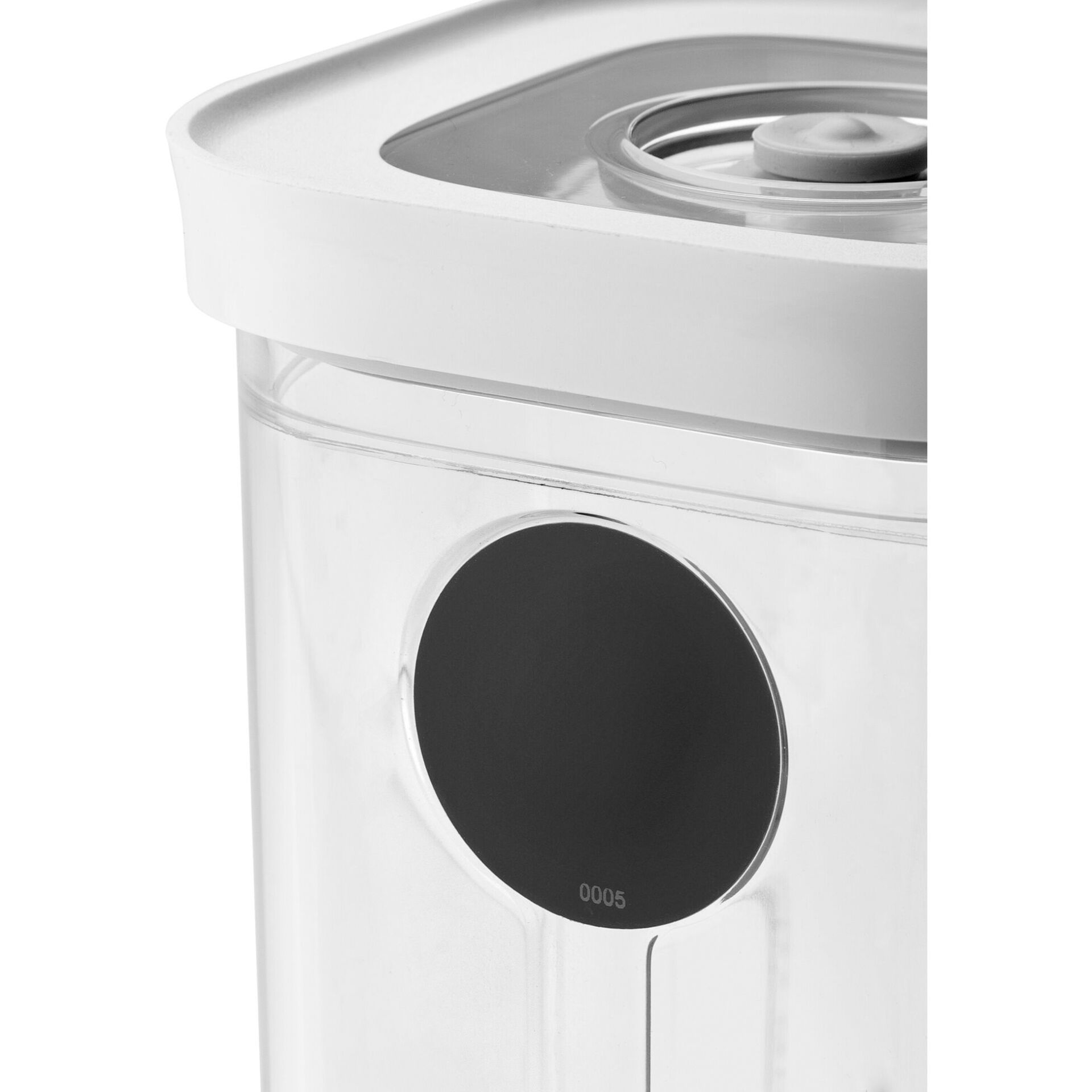 Vorratsbehälter, transparenter Kunststoff, weißer Deckel, digitale Anzeige, rundes Design
