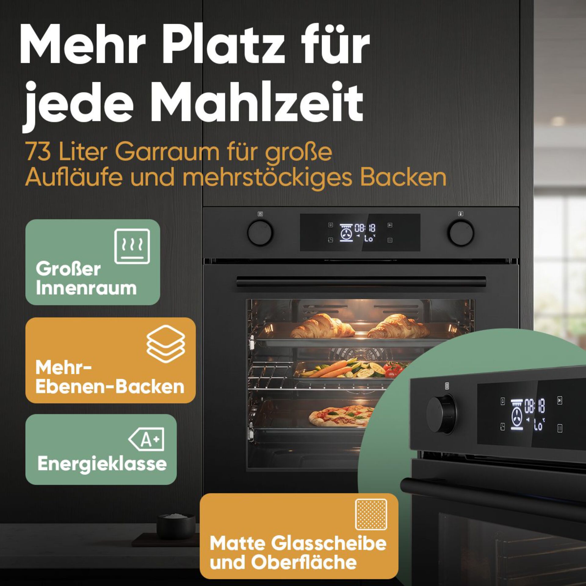 Backofen, Gas/Elektroofen, 70 Liter, Mehrstufiges Backen, Glasoberfläche