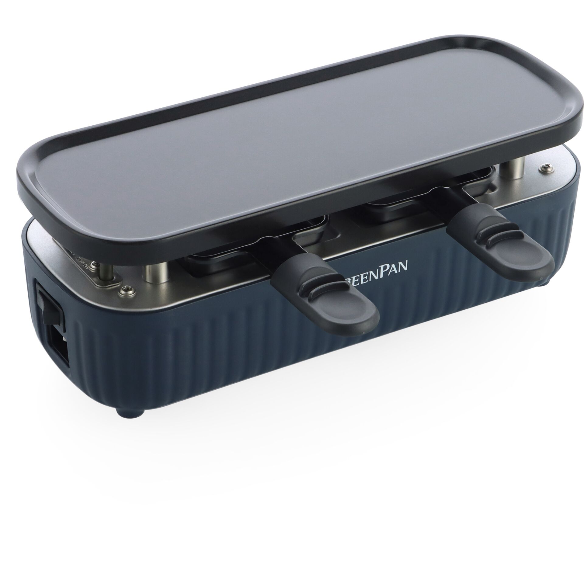 Mini-Raclette-Grill, Tischgrill, zwei Pfännchen, dunkelblau, abnehmbare Grillplatte