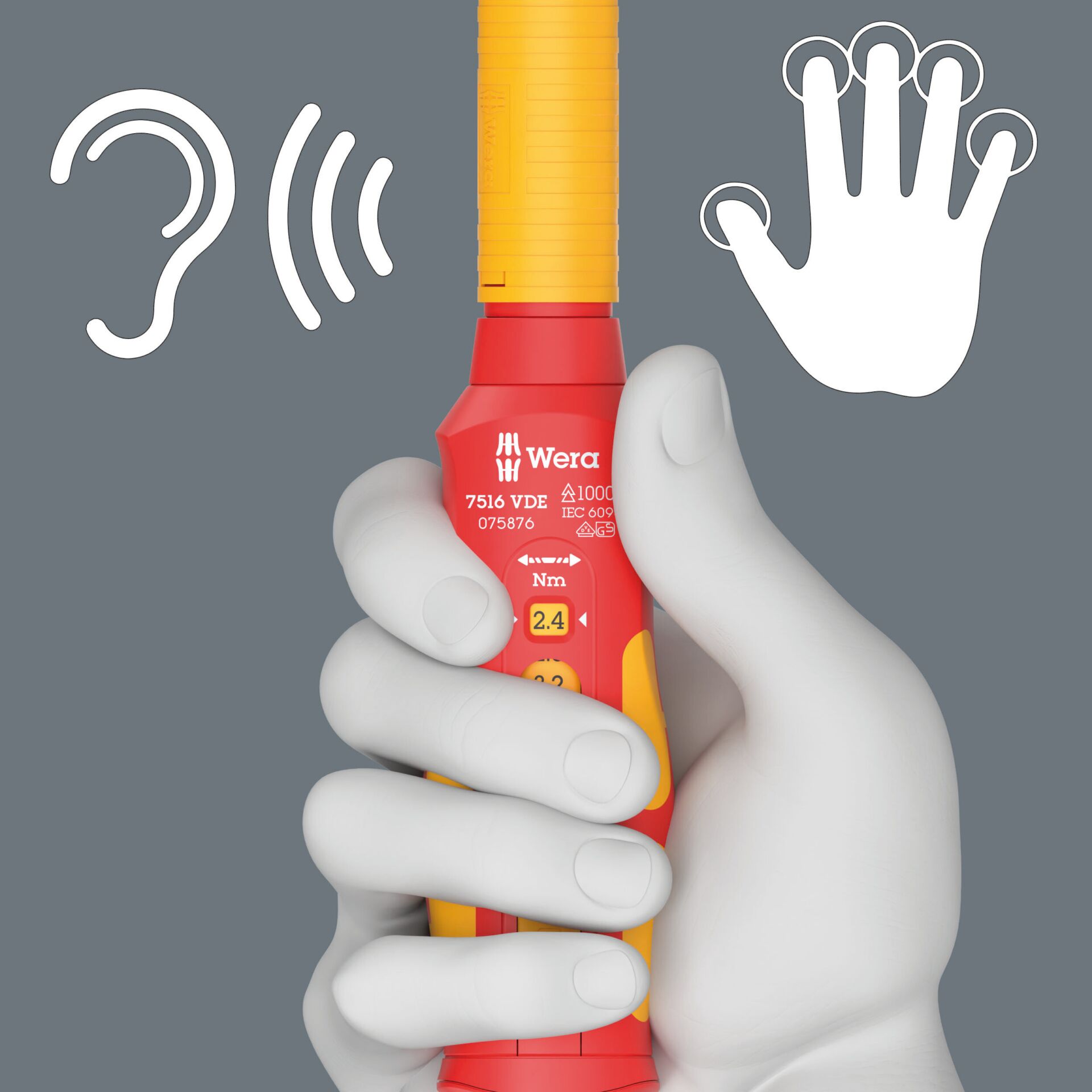 elektronisches messgerät, klemmen, roter griff, gelber messkopf, handheld instrument