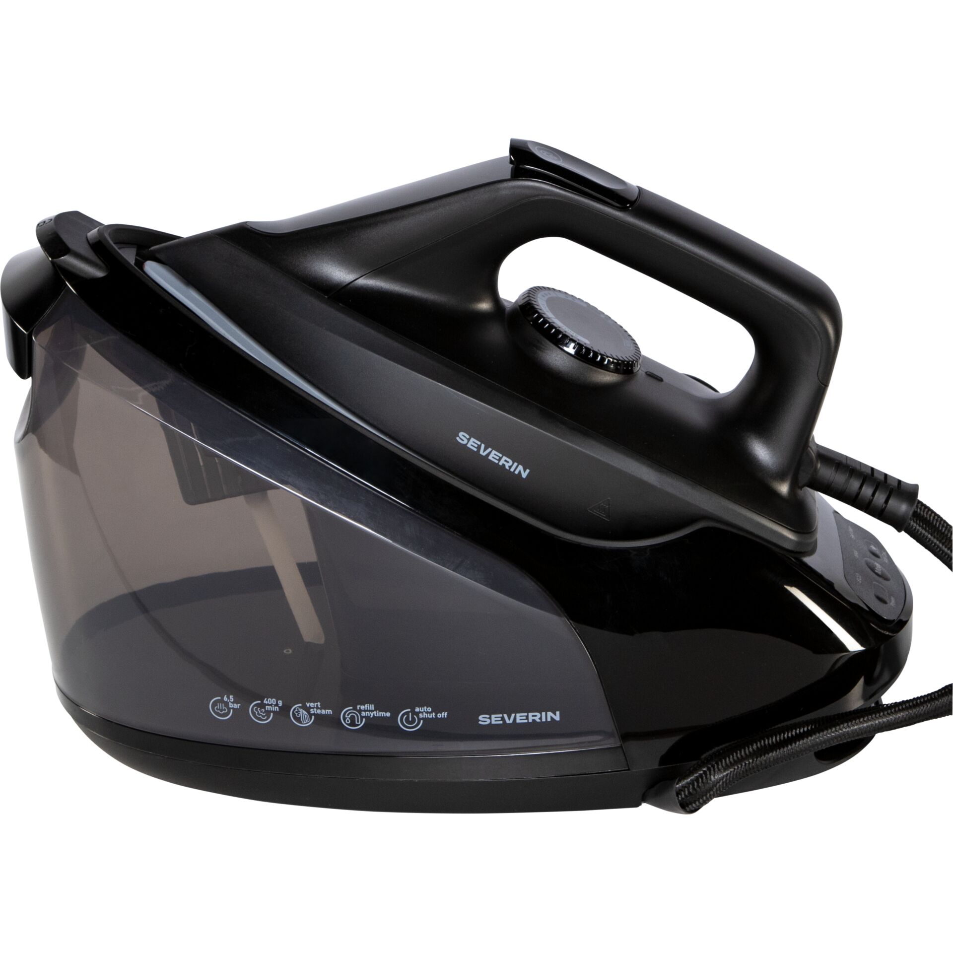 dampfbügeleisen,  steam iron,  gummiertes kabel,  einstellknopf,  glänzende oberfläche, Dampfbügeleisen, Stromkabel, Glasdeckel, Schwarz, Körper aus Kunststoff