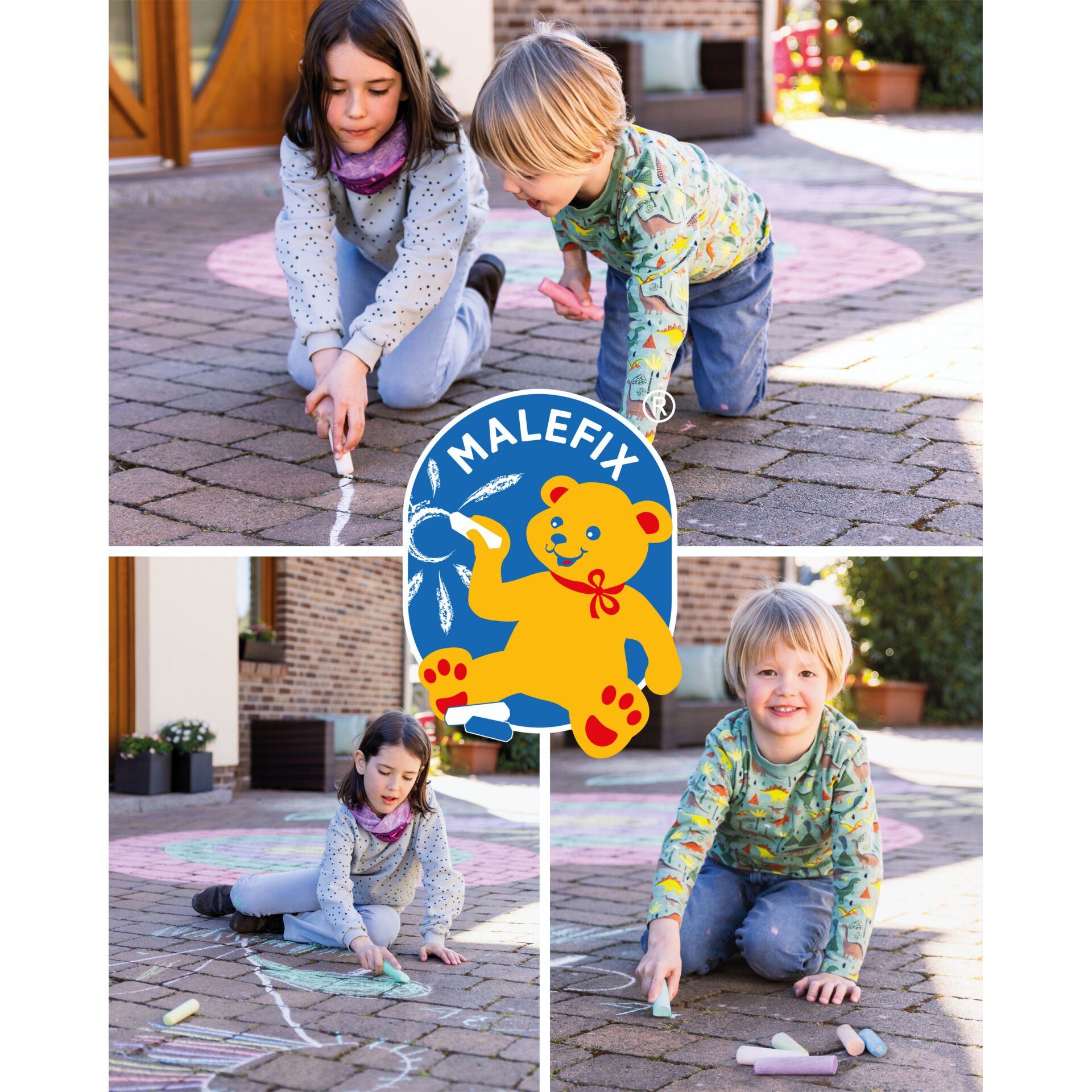 Kinder spielen, Straßenkreide, Outdoor, Kreidezeichnung, Malefix teddy Logo