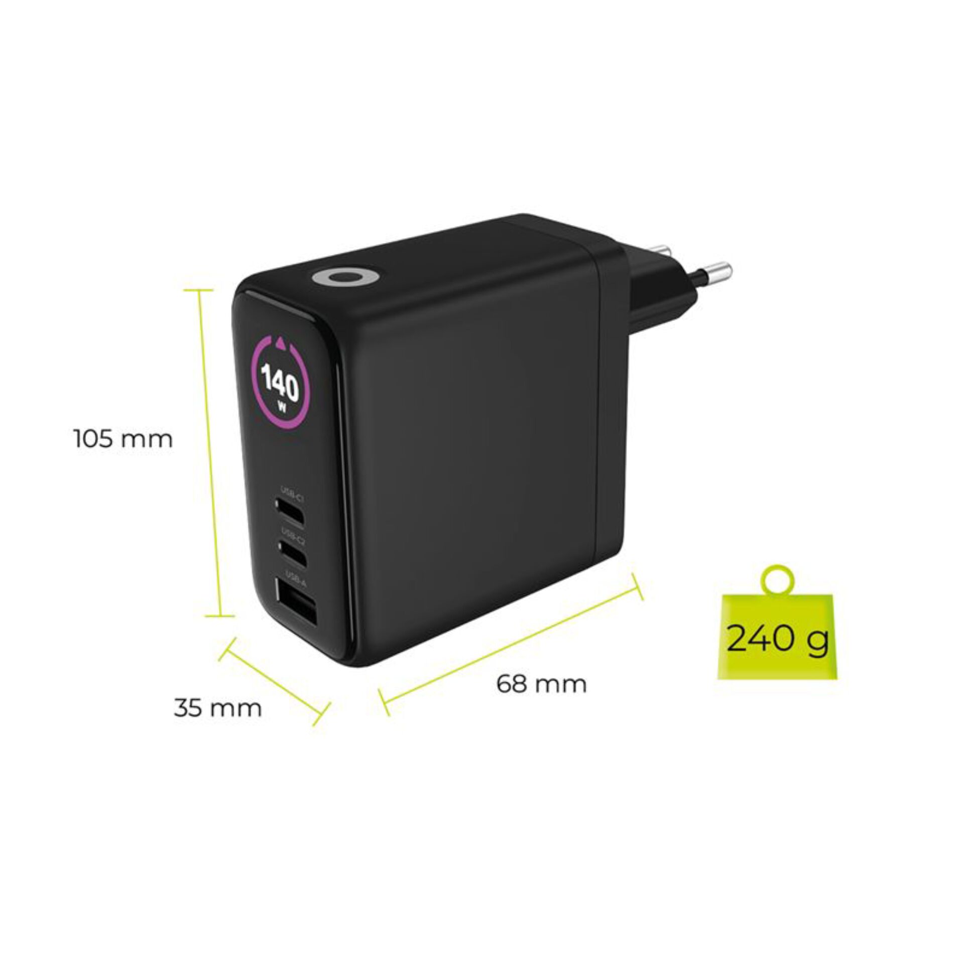 Reiseladegerät, USB-C, USB-A, PD 140W, 240 g
