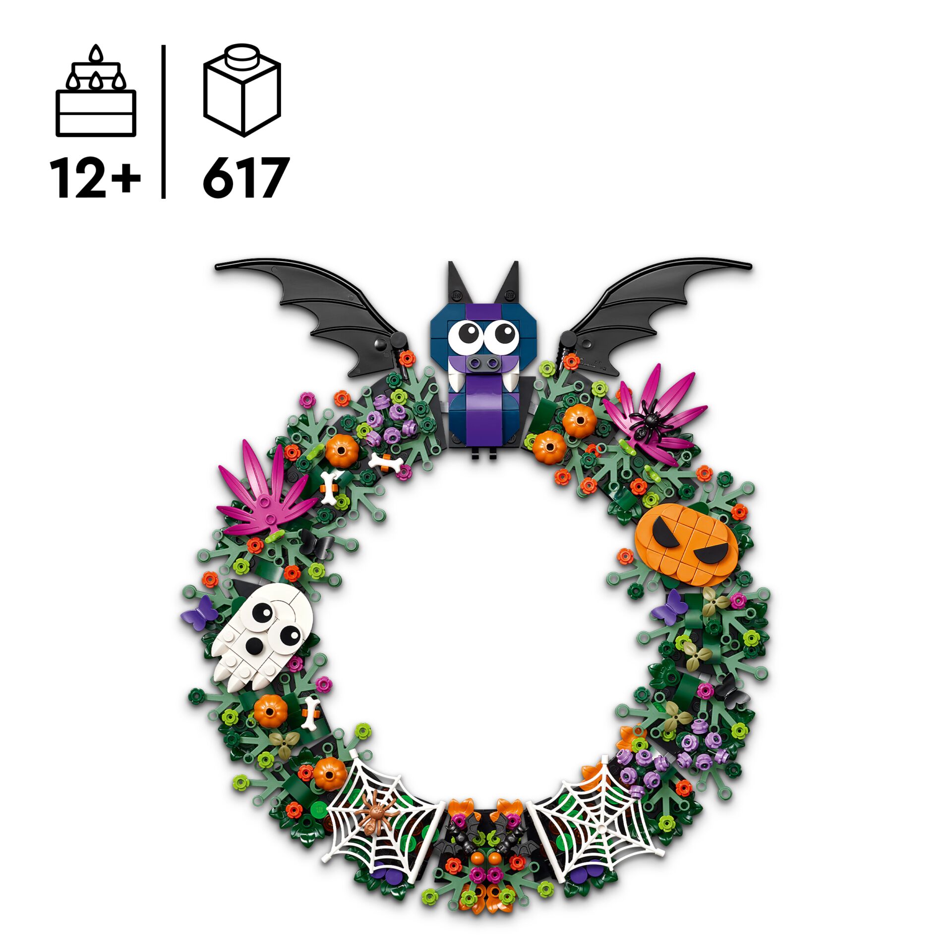 Halloweenkranz, Lego Fledermaus, Spinne, Kürbis, Blumenkranz