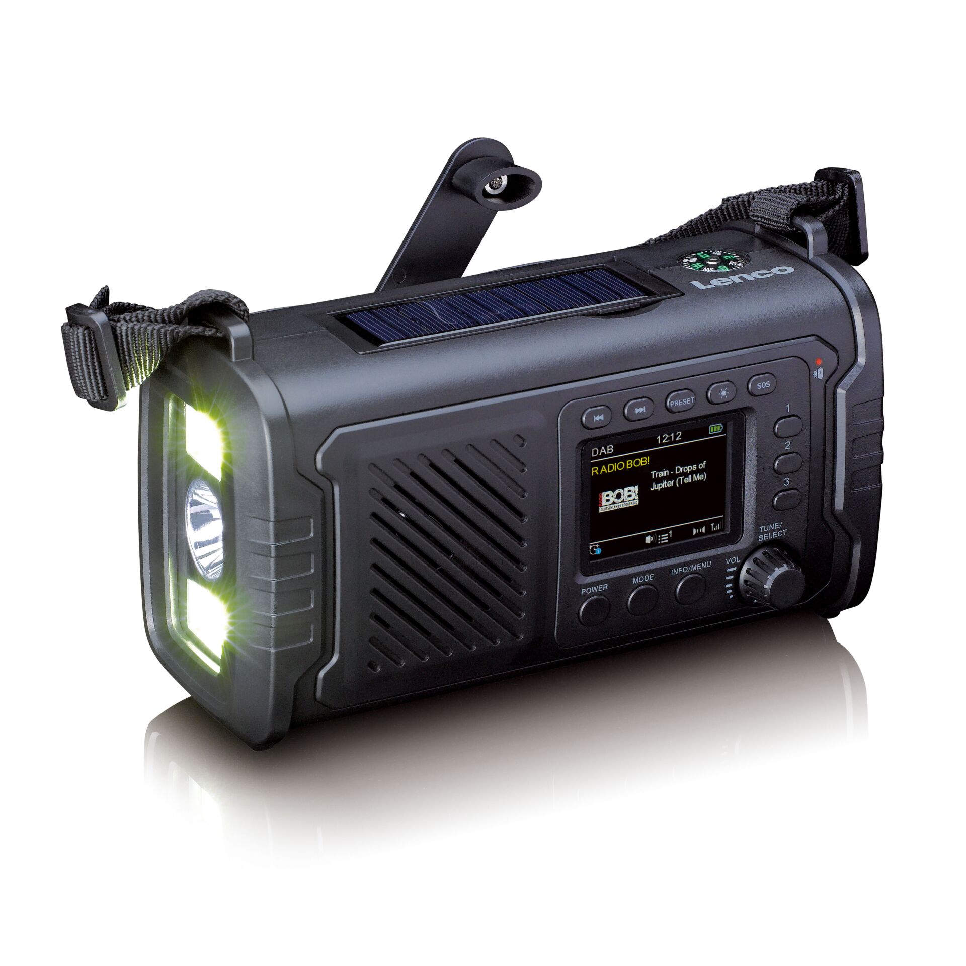 Notakus, Solarbetrieben, Tragbares Radio, LED-Taschenlampe, Digitalanzeige