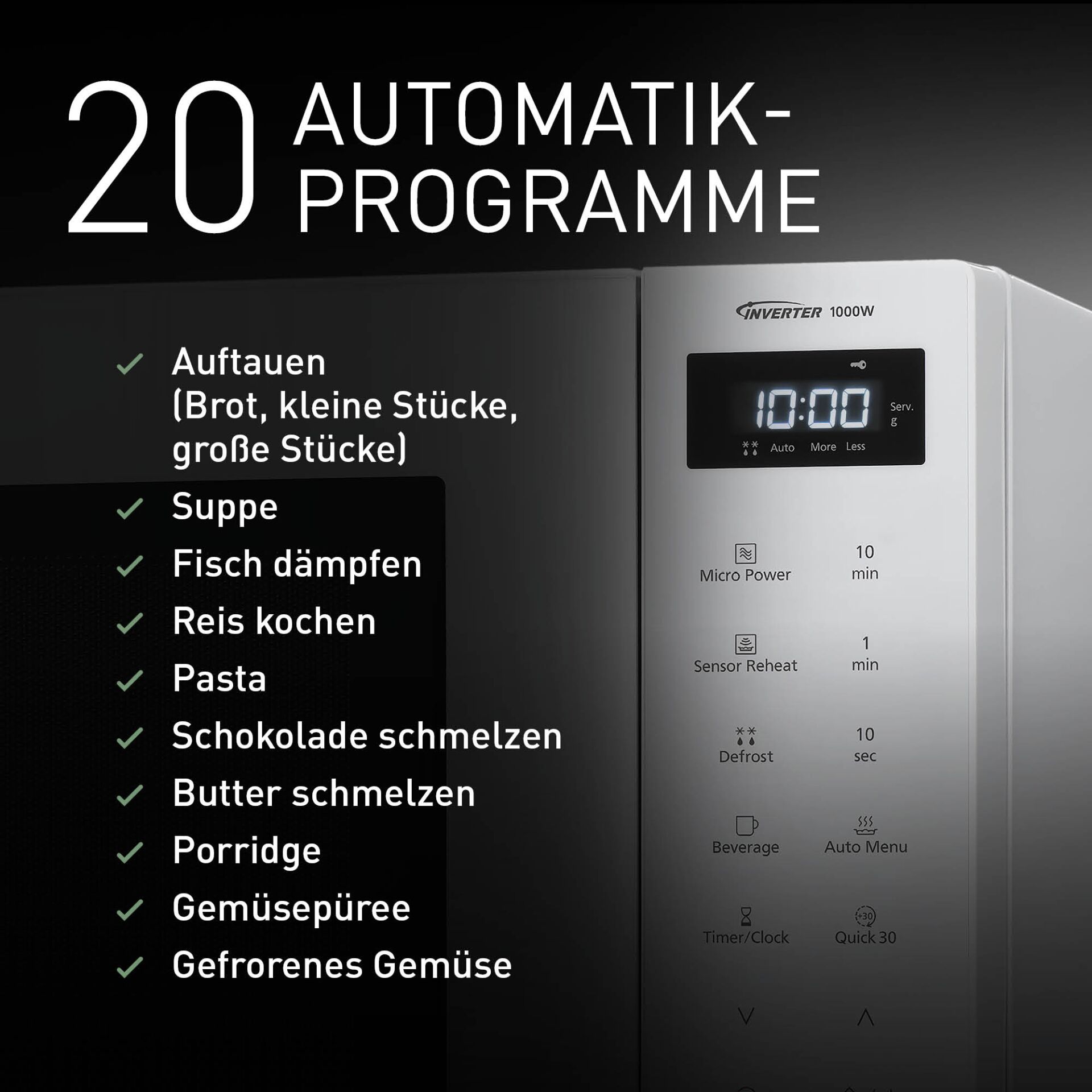 Mikrowelle, Inverter, 1000W, Bedienfeld, Zeitprogramm