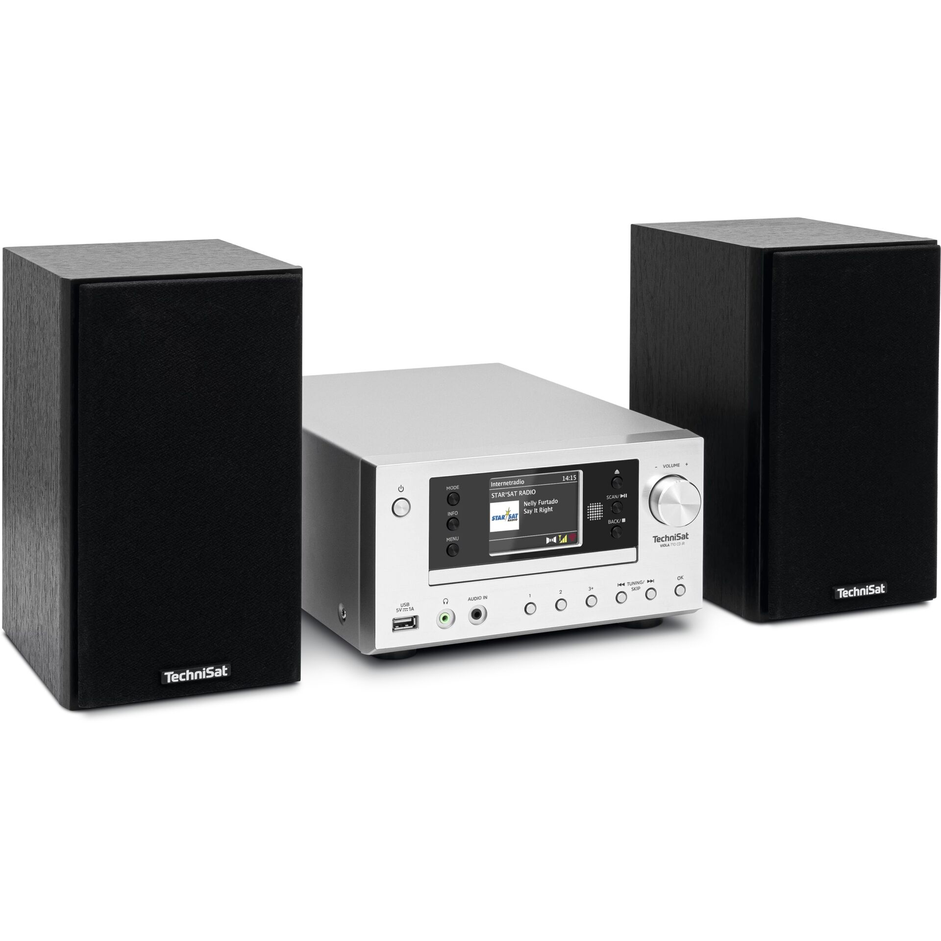 Satellitenradio, Stereoanlage, zwei Lautsprecher, silberner Empfänger, Heim-Audio