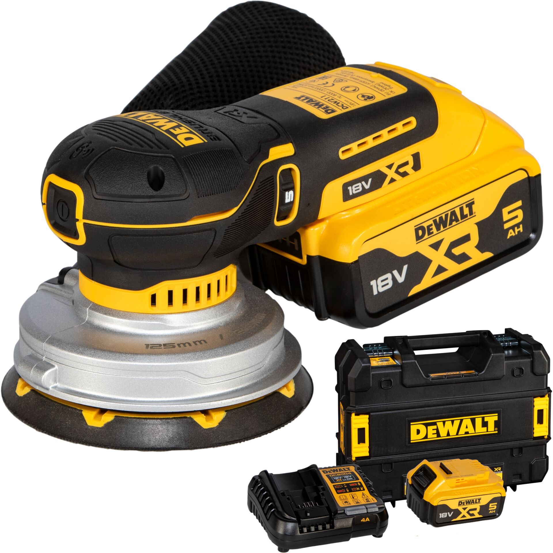 Akku-Bohrschleifer, Schleifer, Ladegerät, Akku 18V, Werkzeugkoffer, Exzenterschleifer, Akku-Schleifer, 18-Volt-Akku, 125-mm-Schleifteller, Werkzeugkoffer