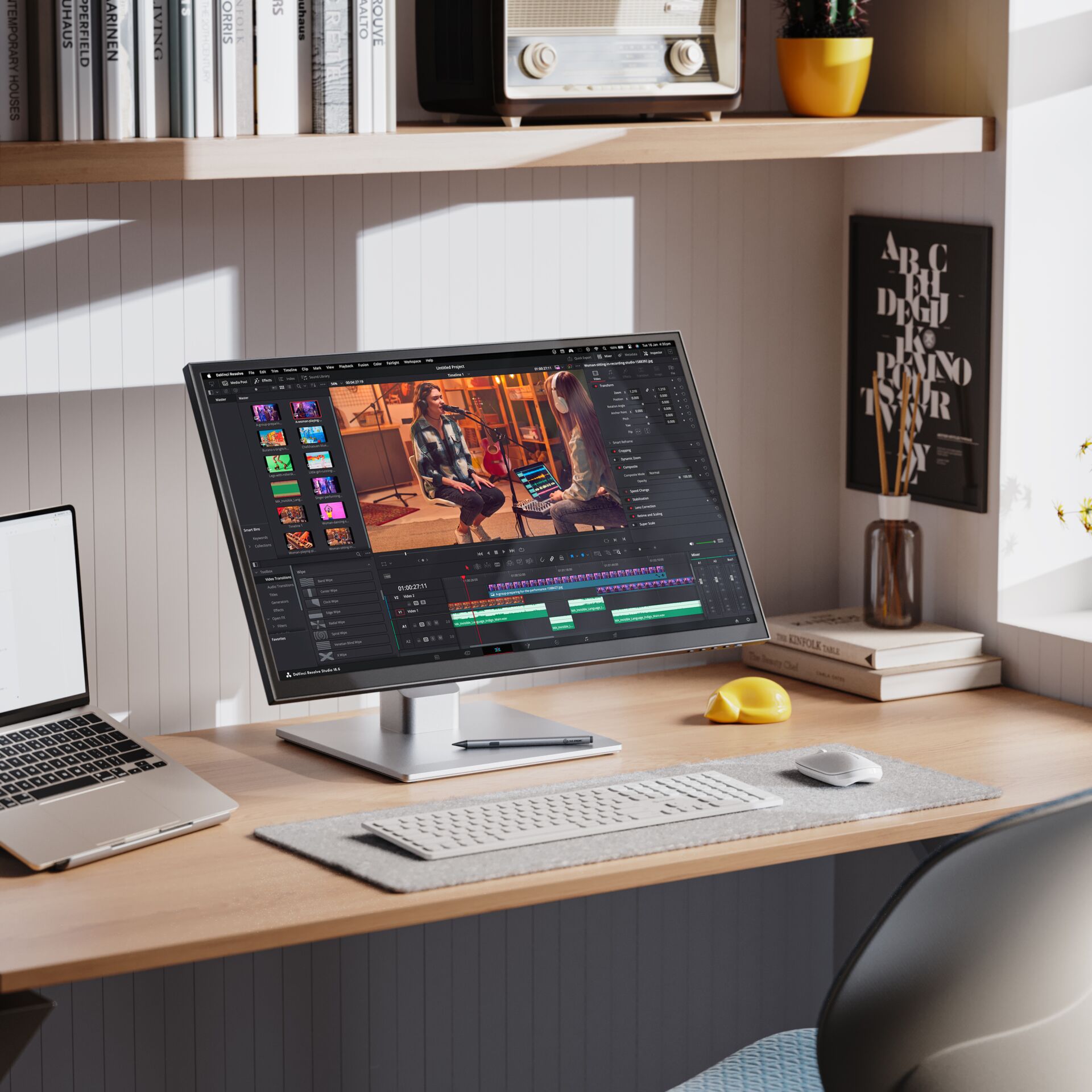 monitor, computer setup, video editing, desk, workspace