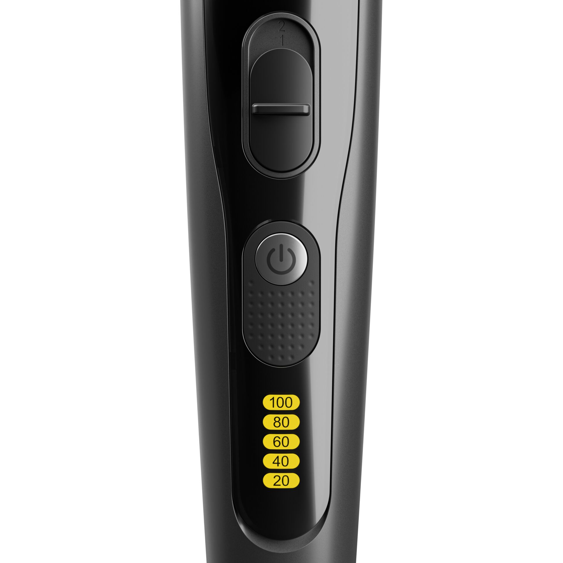 Netzschalter, Einstellrad, Glänzendes Schwarz, gelbe Zahlenetiketten, ergonomischer Griff