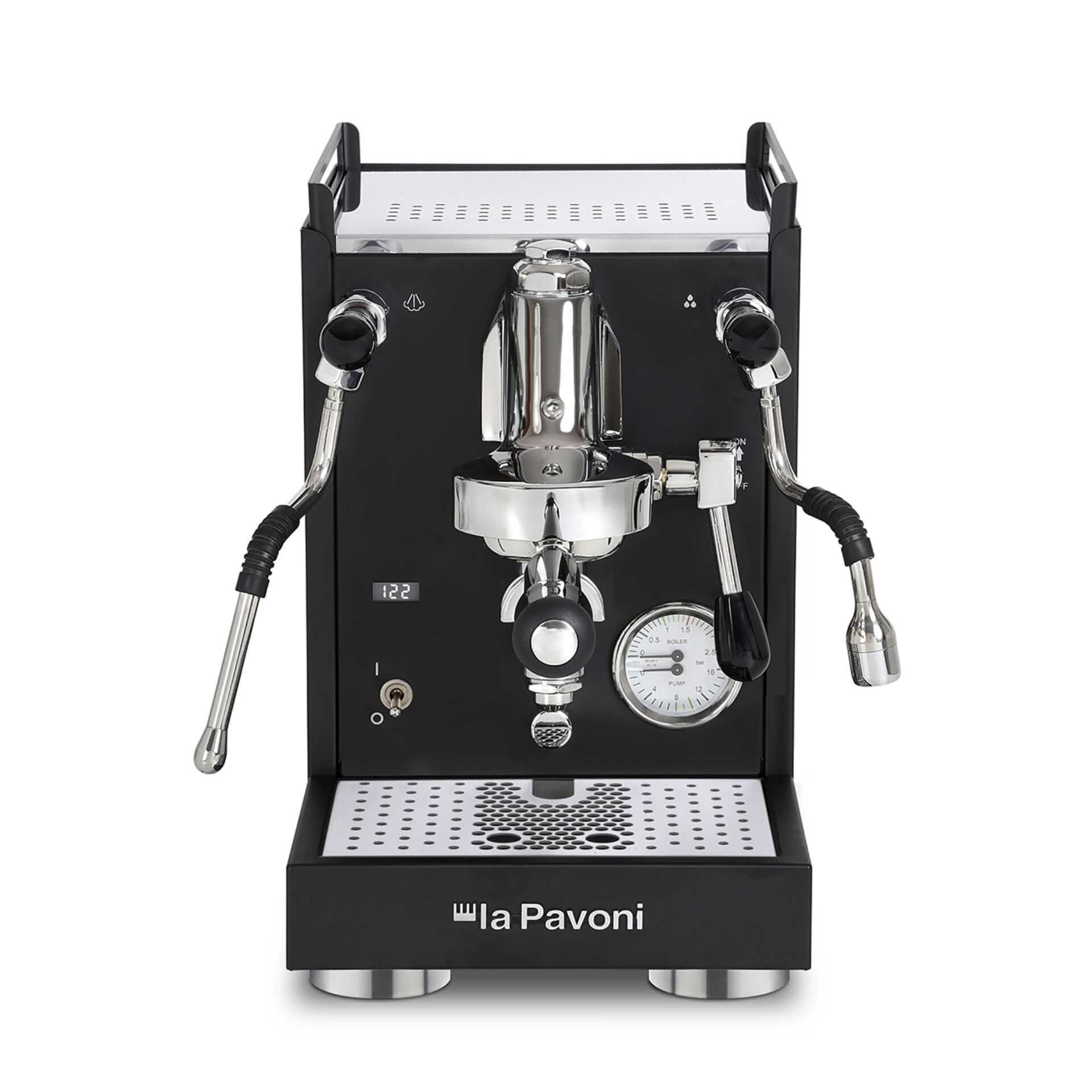 Espresso-Maschine, Doppelgriffe, Edelstahl, Druckmesser, Schwarz