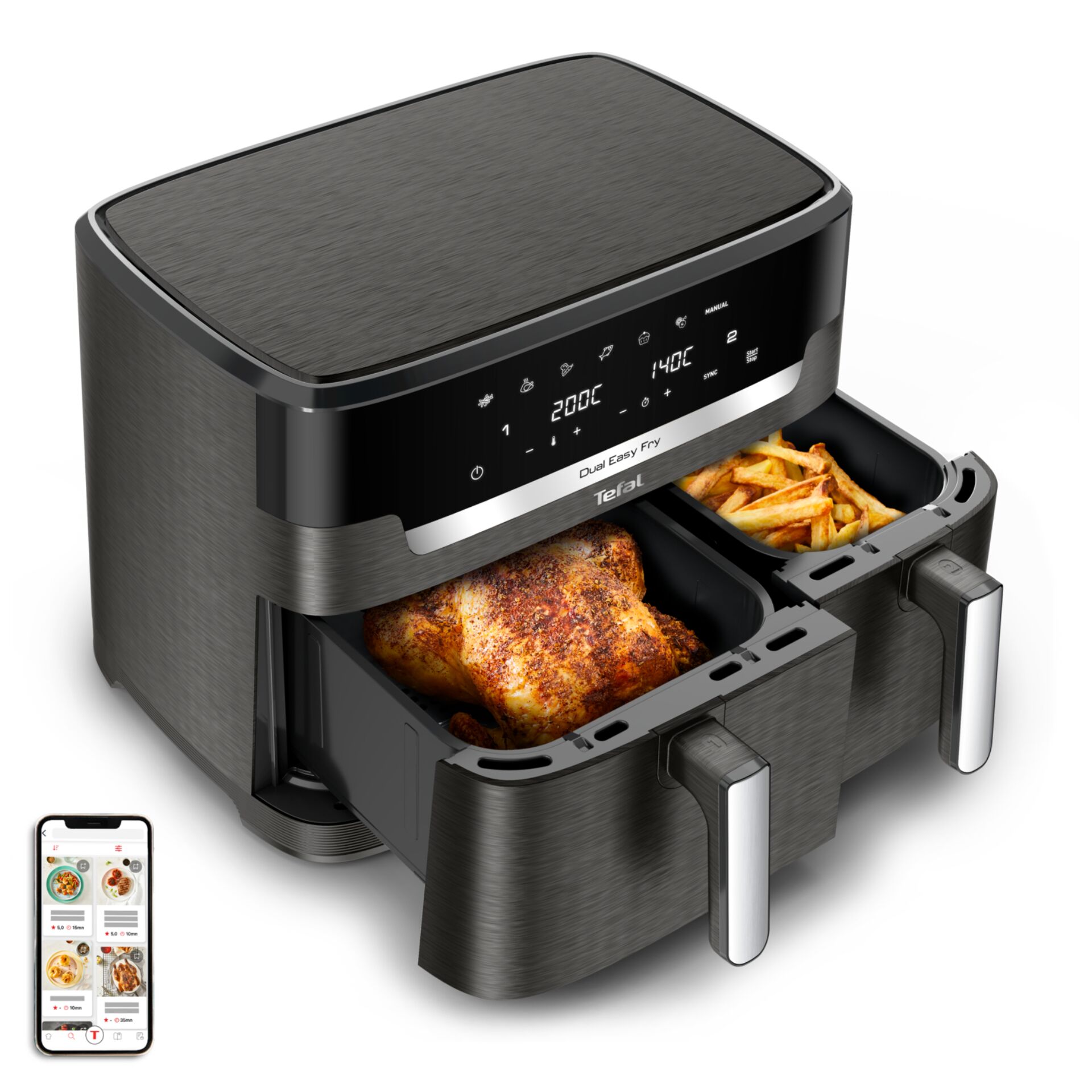 Air fryer, Dual basket, Digitale Anzeige, Metall, Pommes
