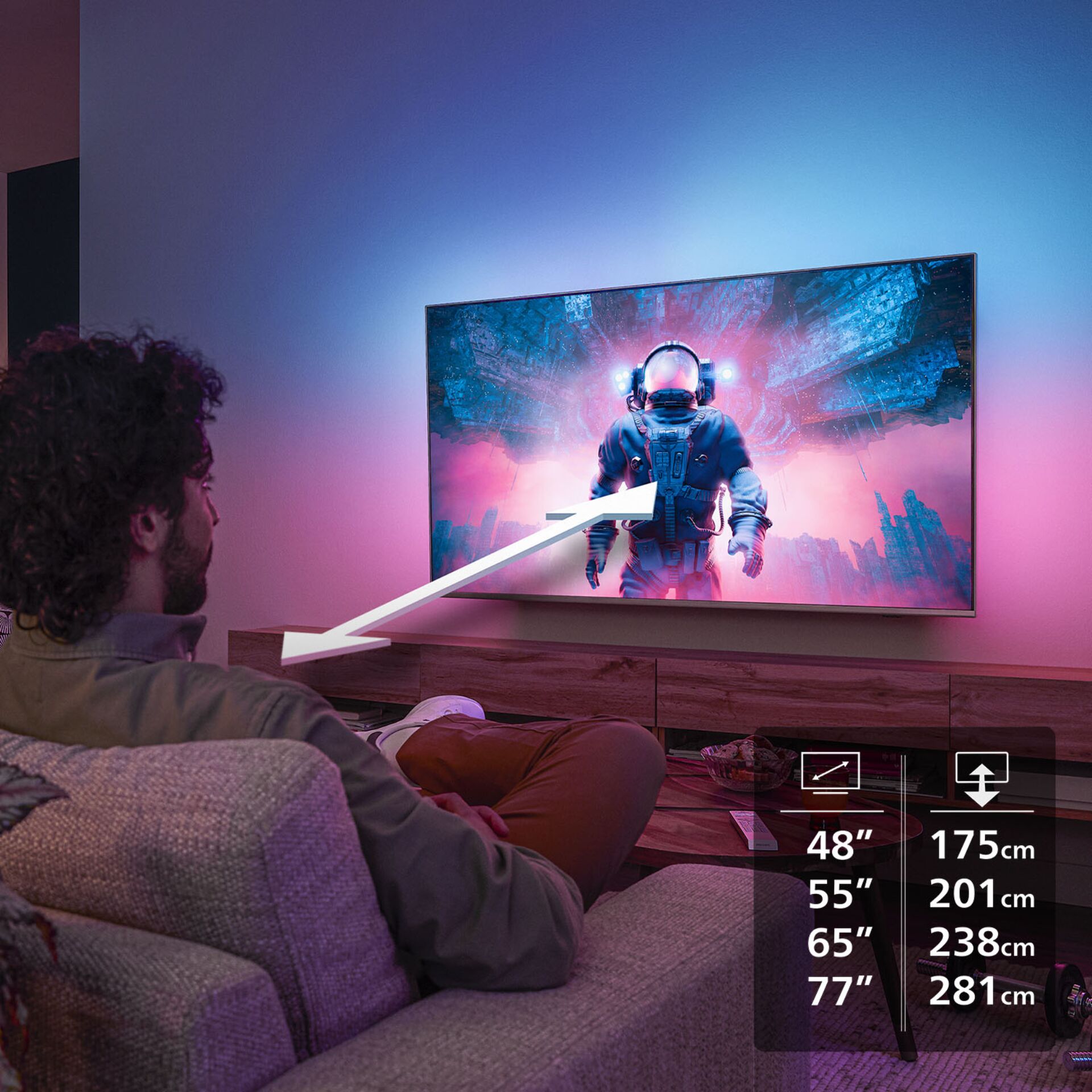 Fernseher, LED-TV, Gaming, Astronauten-Animation, Bildschirmgröße