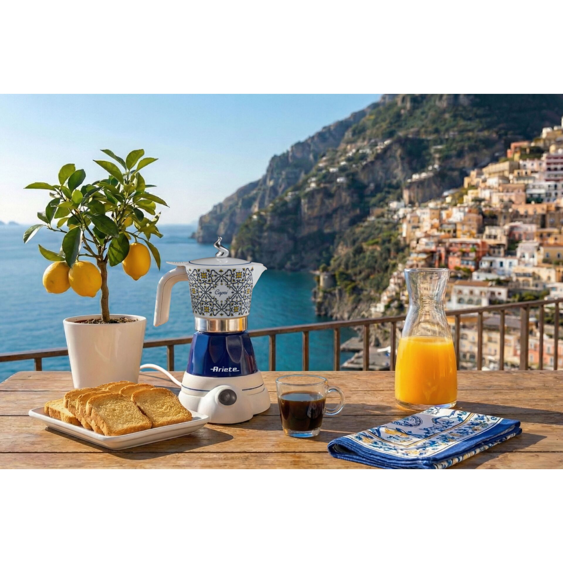 Kaffeemaschine, Kaffee, Orangenbaum, Brot, Orangen-Teakessel
