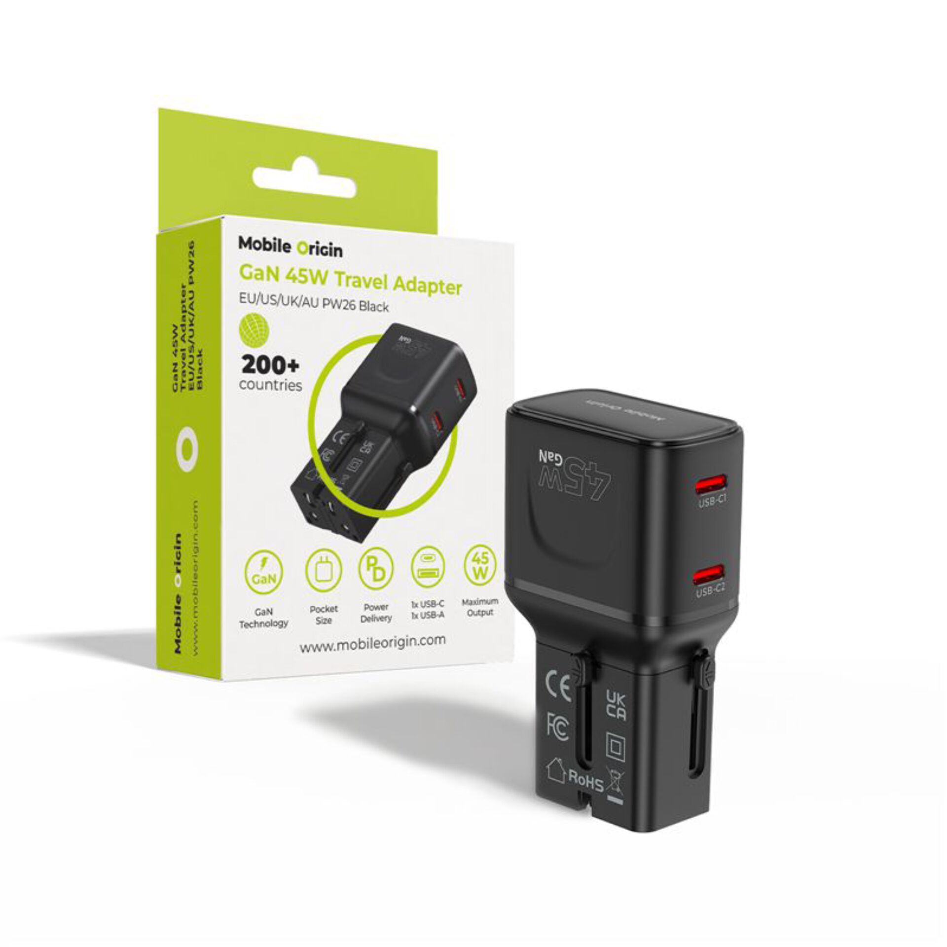Mobile Origin 45W Travel Adapter  EU/US/UK/AU PW26, black