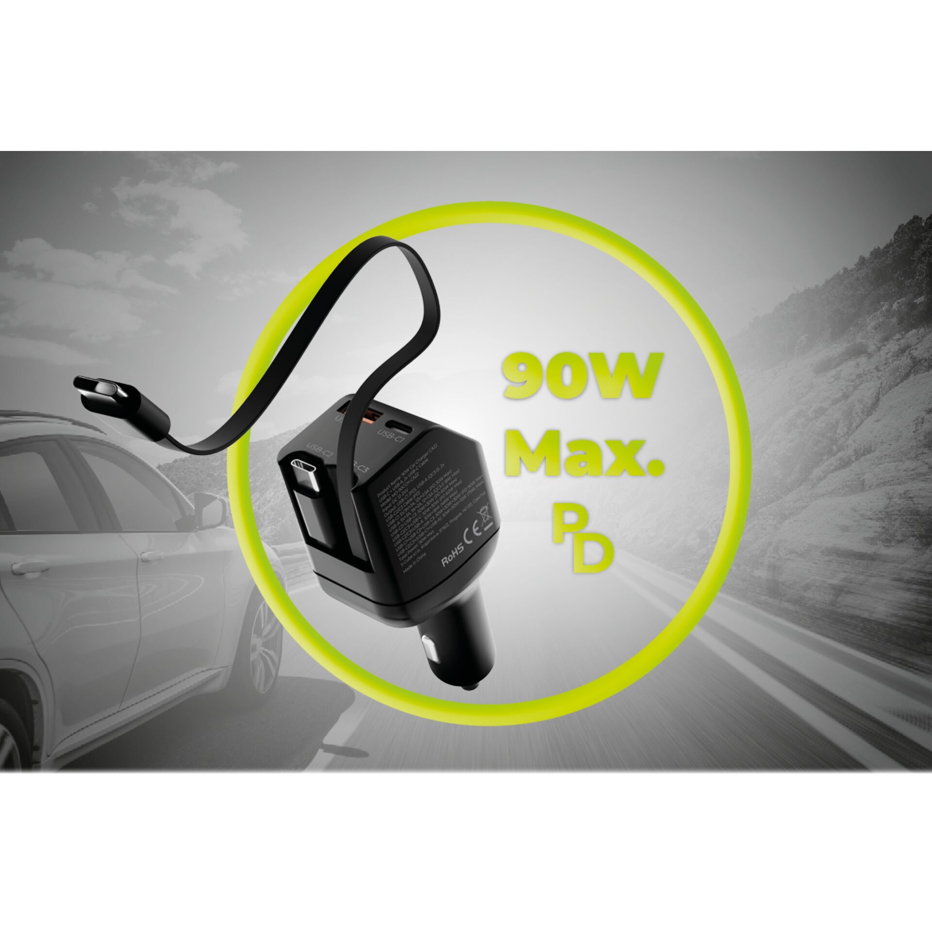 Ladegerät, Auto-Adapter, USB-C, 90W, PD