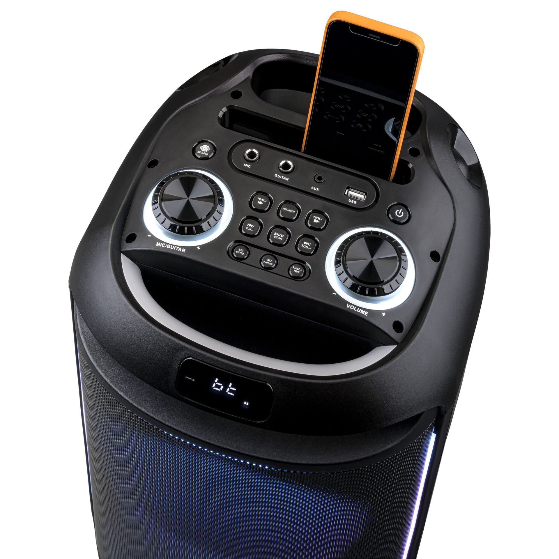 Tragbarer Lautsprecher, Lautsprecher mit Smartphone-Halter, Bluetooth-Lautsprecher, Led-Lichtring, USB-Eingang