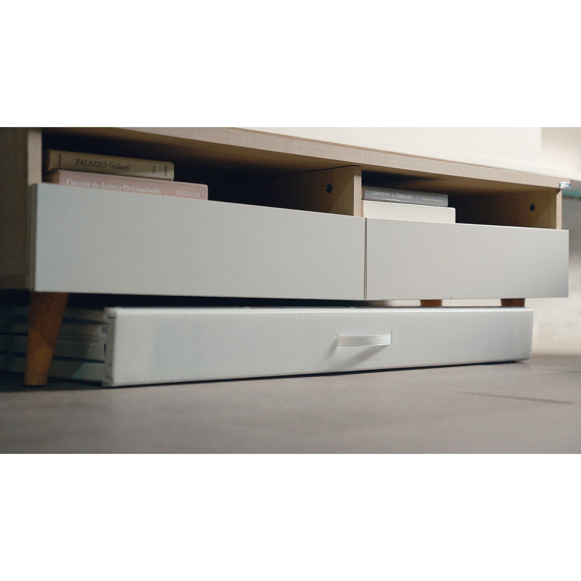 lowered dresser, furniture, drawers, storage, light gray