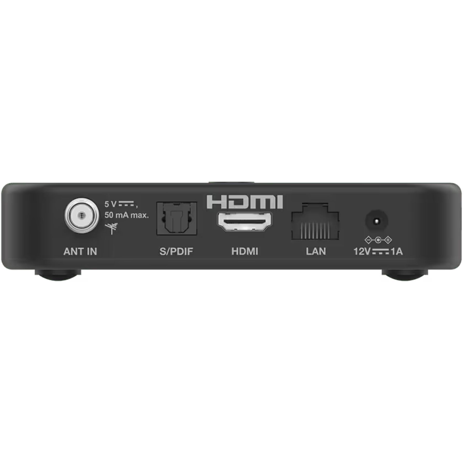 HDMI, LAN, S/PDF, ANT IN, 12V 1A