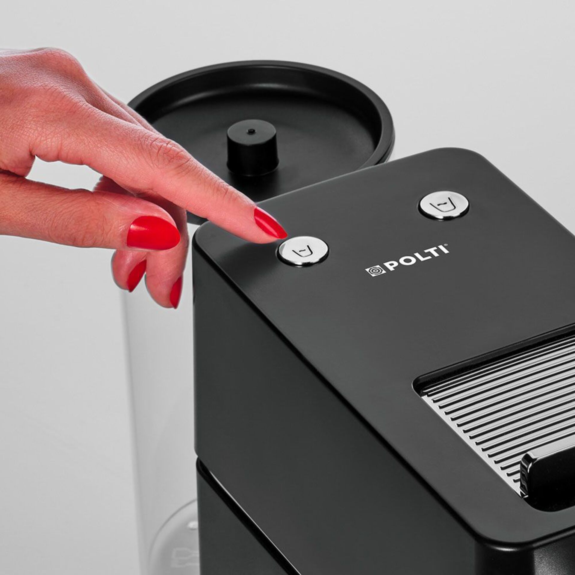 Kaffeemaschine, schwarz, Kapselmaschine, Bedienknöpfe, Abtropfgitter