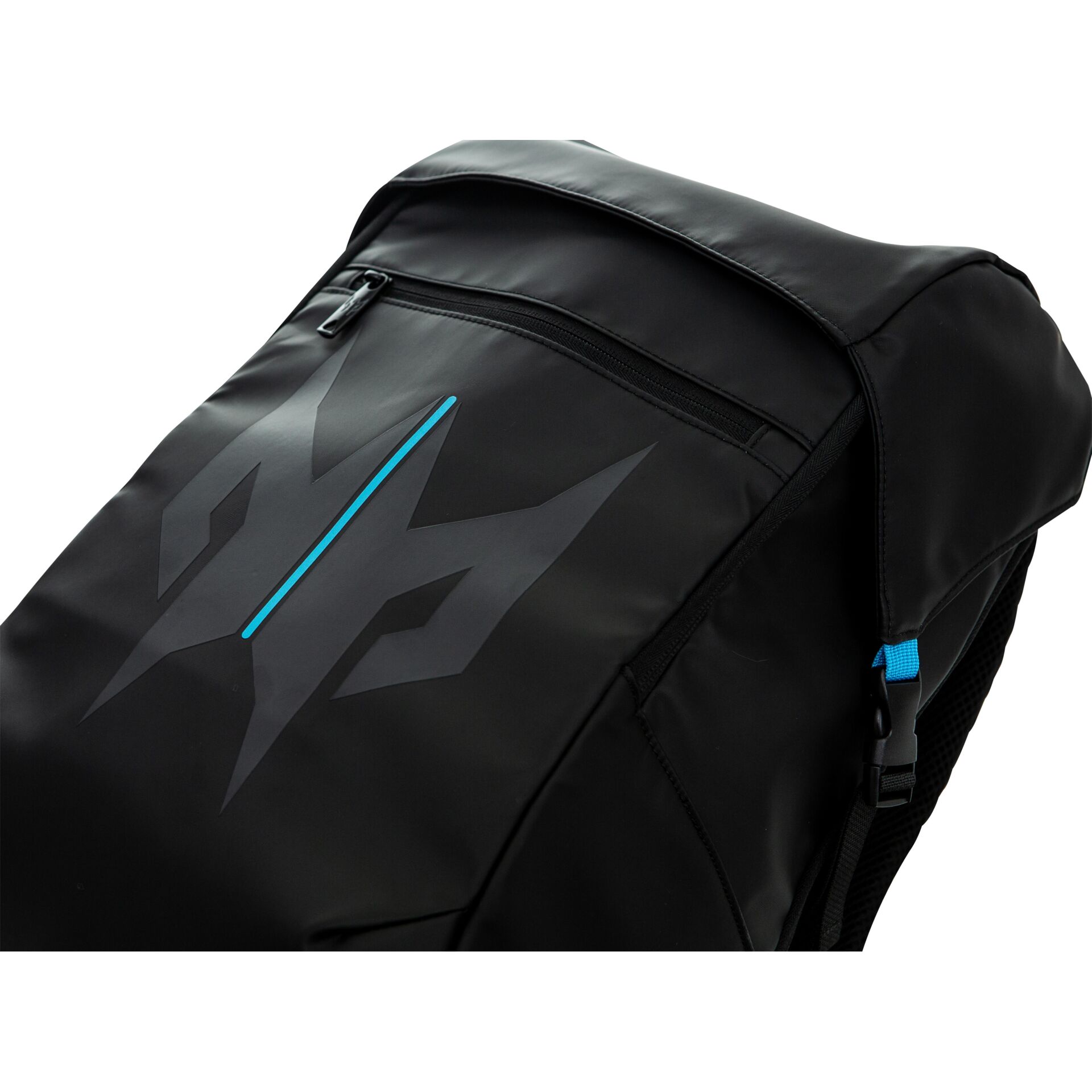 Rucksack, schwarz, Vorderes Reißverschluss, blaue Akzent, Logo Muster