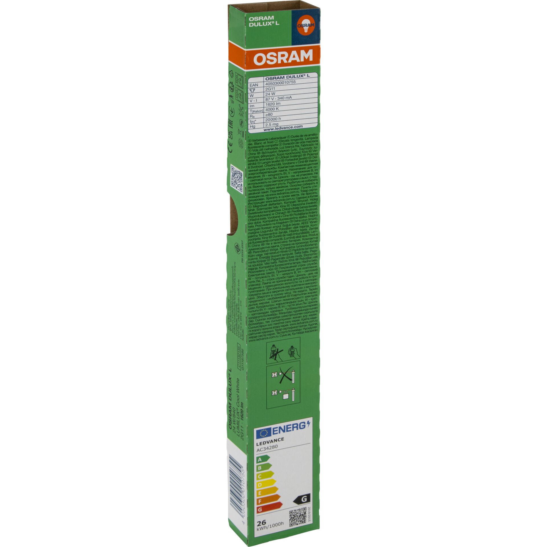 Glasur, farbige Box, Osram Dulux L, Beleuchtungslampe, Energieetikett