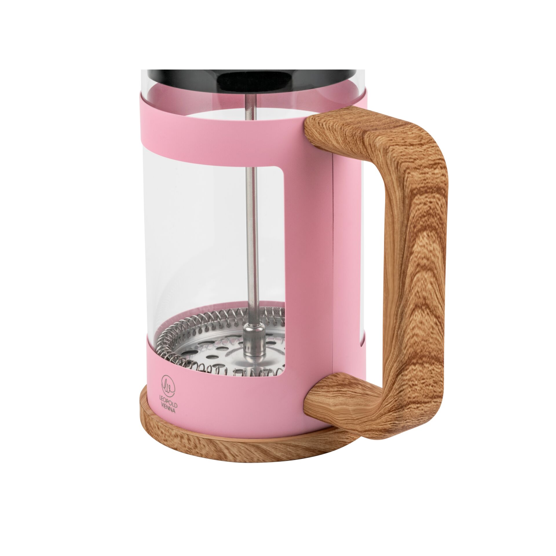 French press, glass cylinder, pink frame, wooden handle, stainless steel plunger