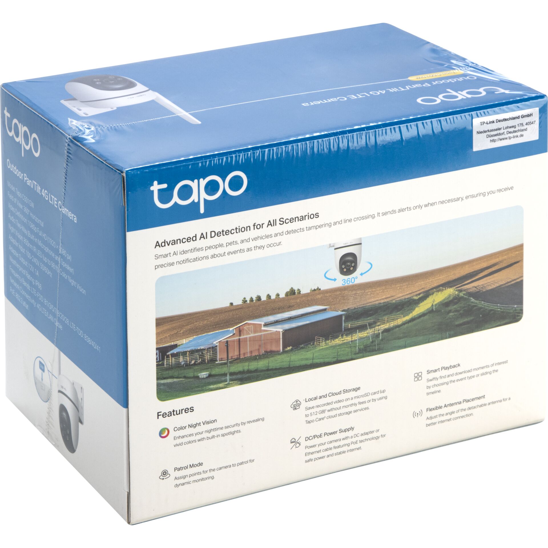Outdoor-Kamera, Sicherheitskamera, 360°-Ansicht, KI-Erkennung, Tapo-Branding auf der Verpackung