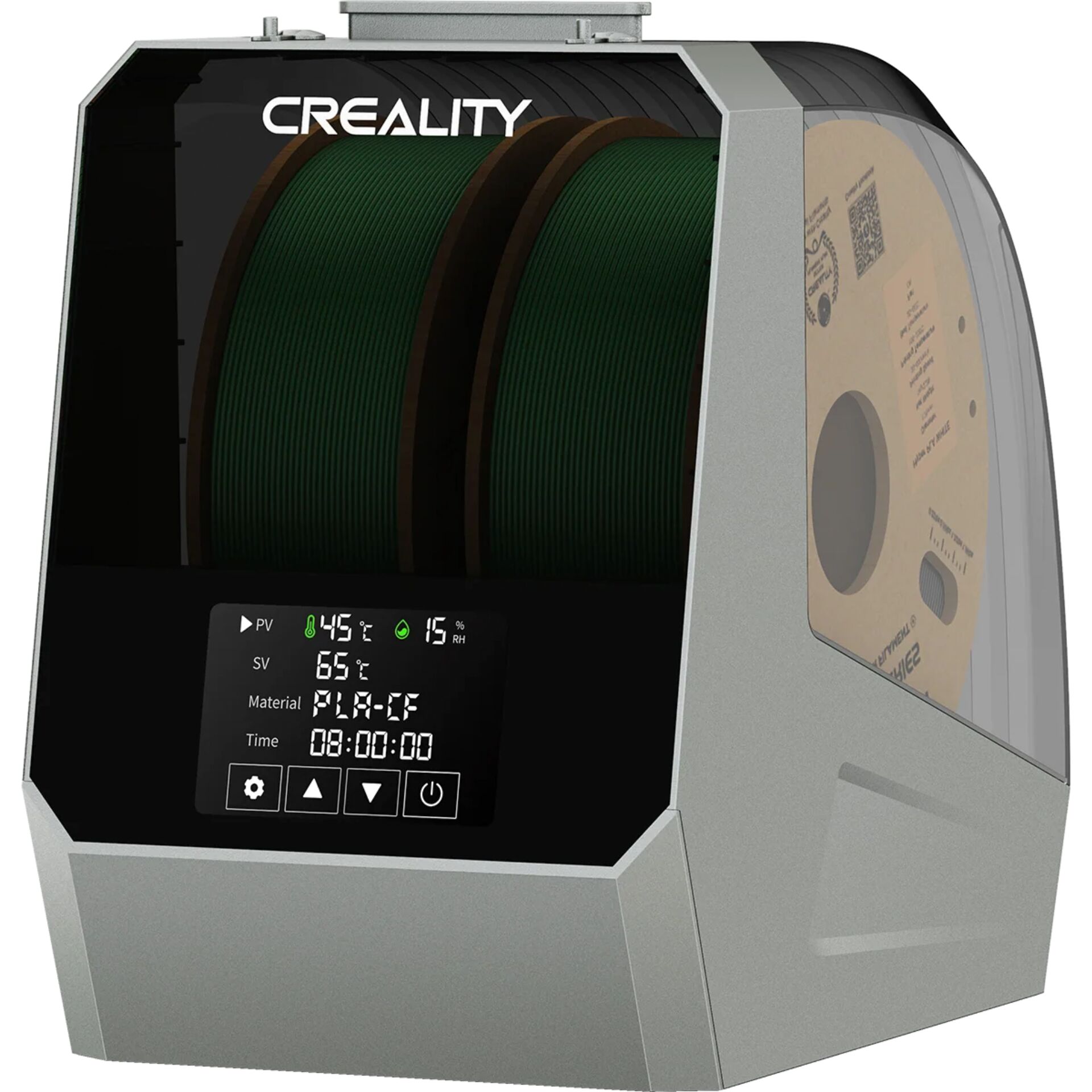 3D-Drucker, Filament-Spule, grüner Draht, LCD-Display, PLA-CF
