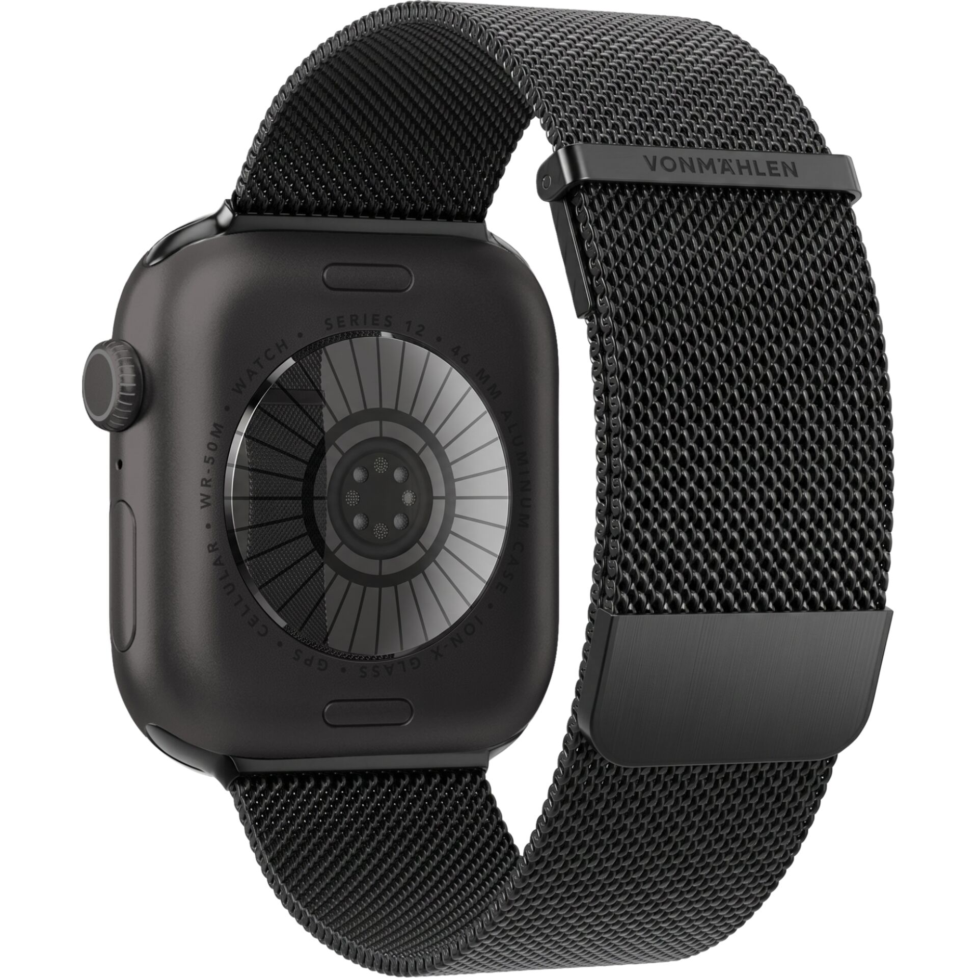 Smartwatch, Milanaise-Armband, schwarzes Metall, Aluminiumgehäuse, Series 12