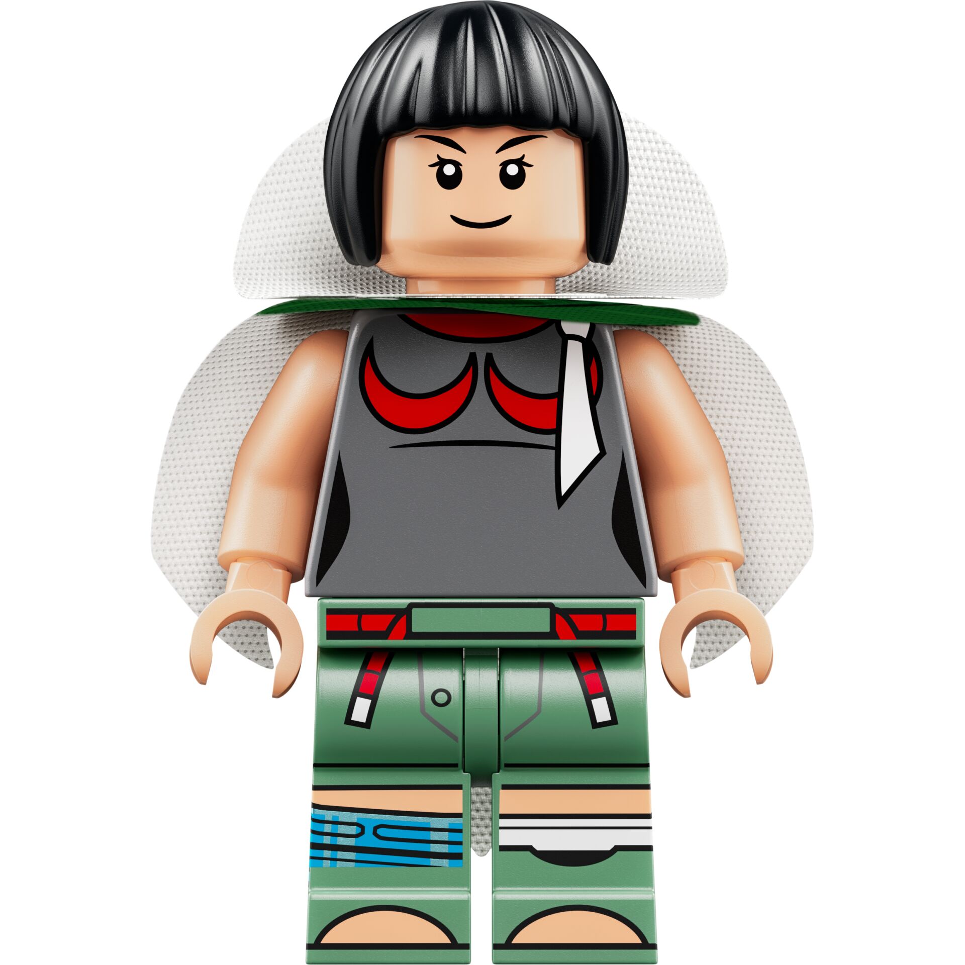 minifigur, zombie, grüne hose, kurze haare, hellgrau oberteil