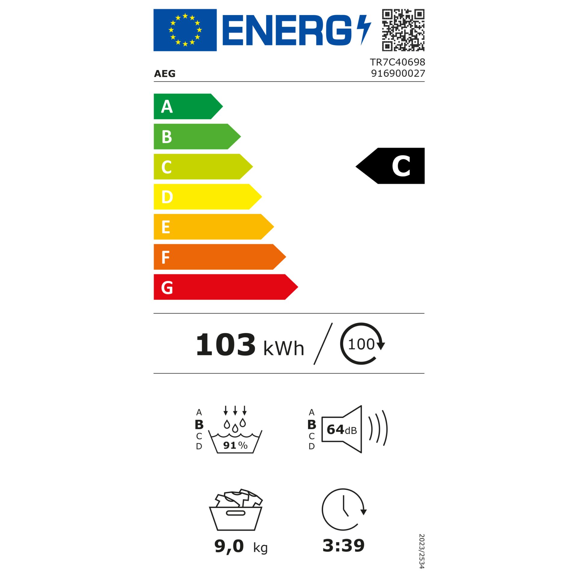 AEG TR7C40698  Wärmepumpentrockner – Energieeffizienzklasse C