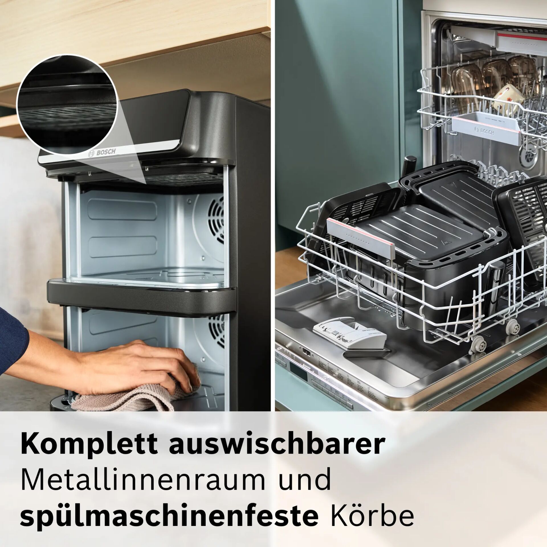 Kompakt, ausziehbar, Metallinnenraum, Spülmaschinenfest, Körbe