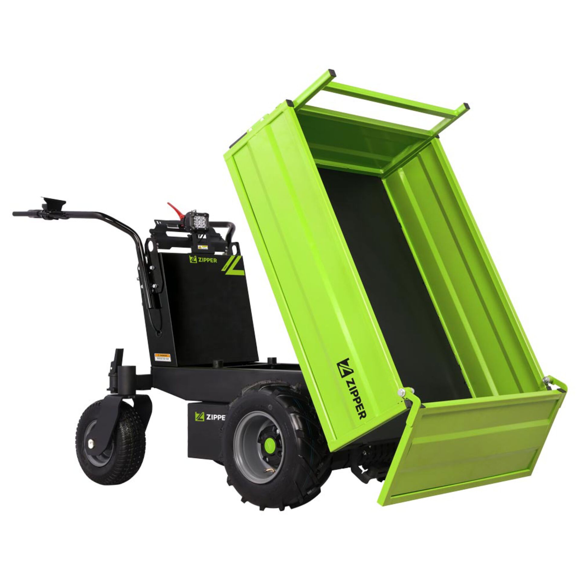 tug, dump bed, green cart, small utility vehicle, loading bin