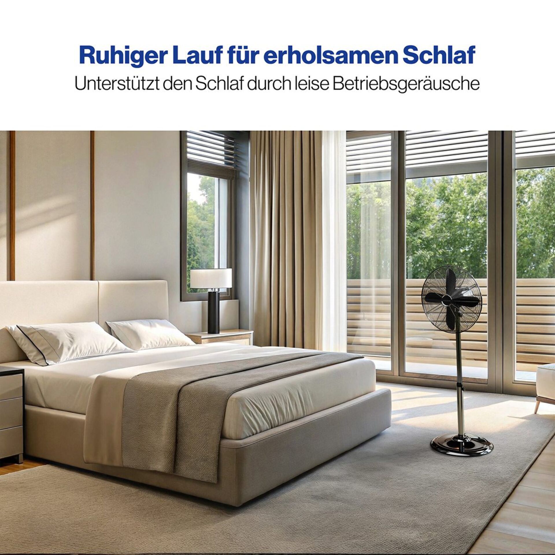 Schlafzimmer, Bett, Bettkopfteil, Ventilator, Große Fenster
