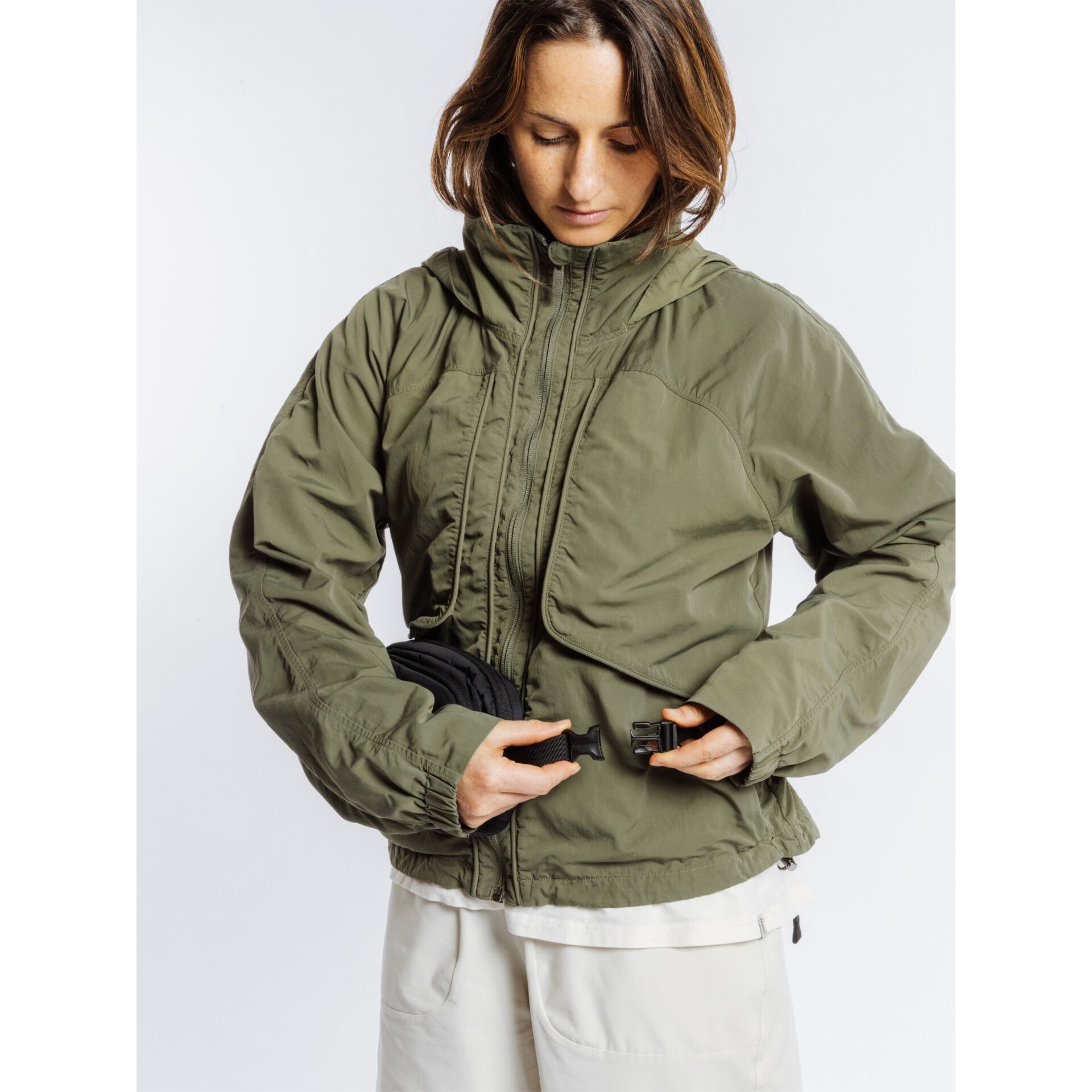 Jacke, Olivgrün, Kapuze, Verstellbare Taille, Windbreaker
