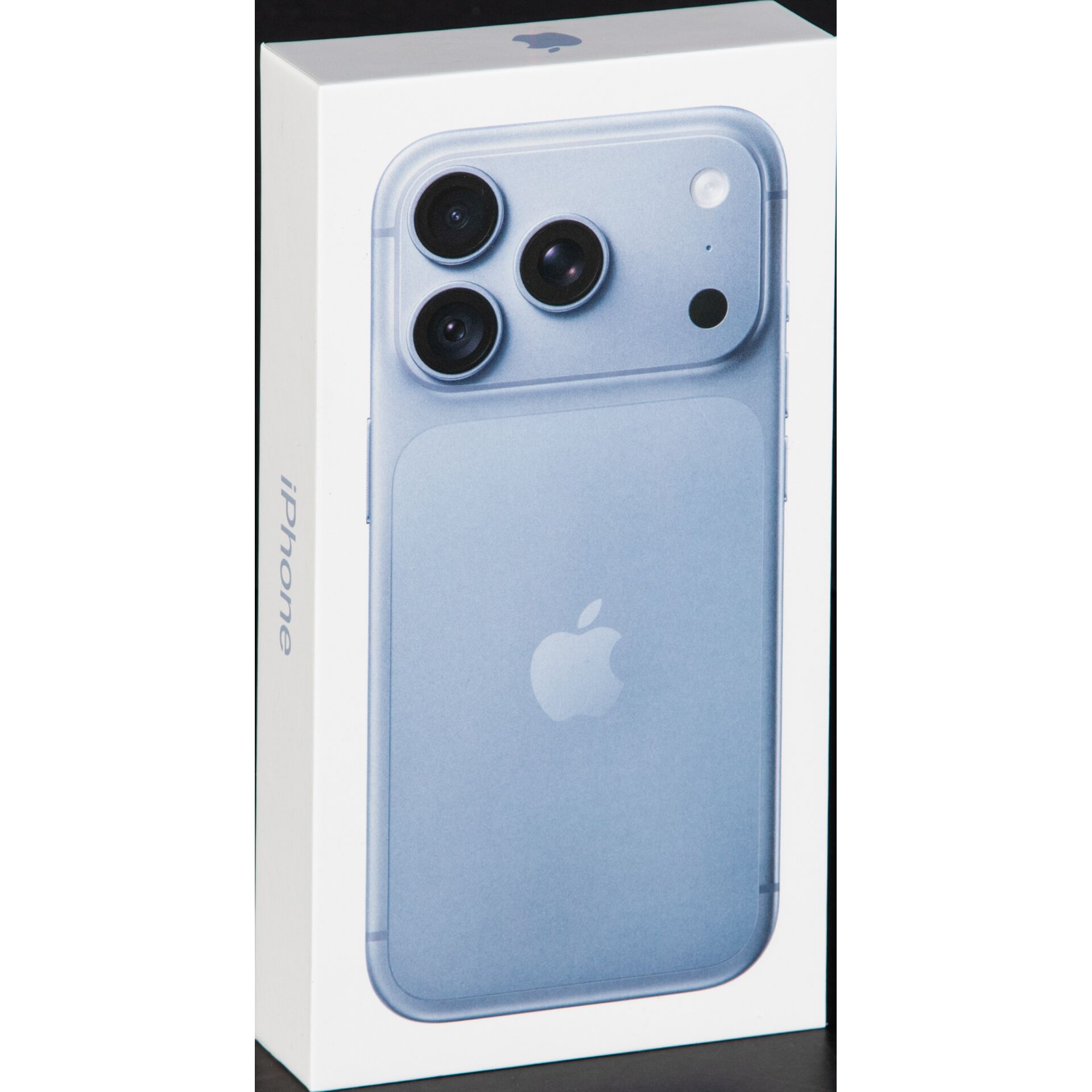 Smartphone, Blaues Gehäuse, Dreifachkamera, Apple-Logo, Verkaufsverpackung