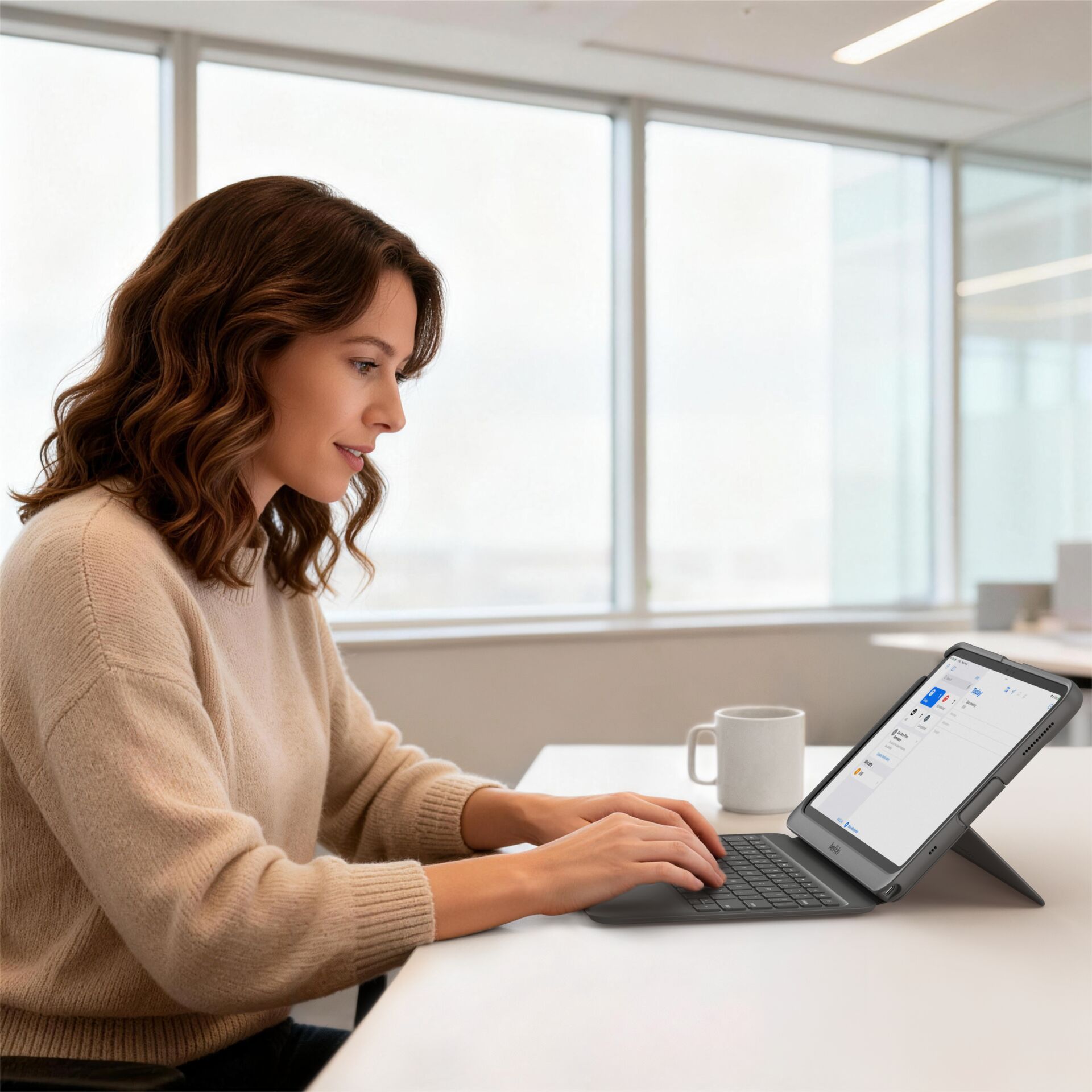 laptop, tablet, keyboard, office, mug