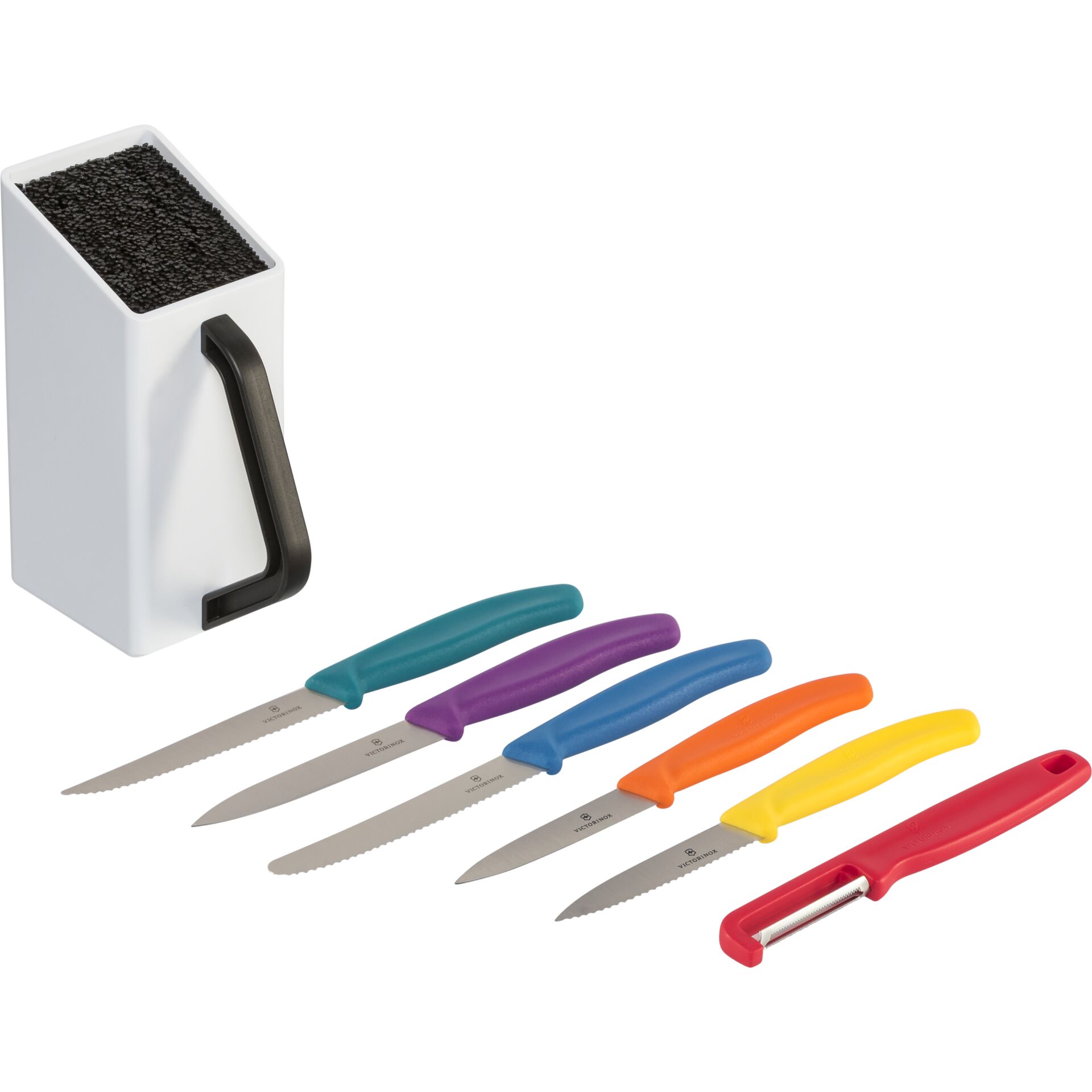 Kochmesser Set, Messerblock, Schwarzspitze, gefärbte Griffe, Scherwerkzeuge