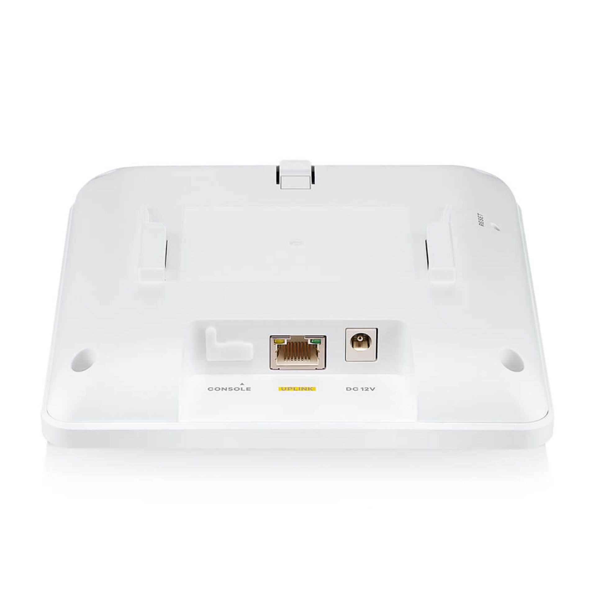 WLAN-Zugangspunkt, weißes Gehäuse, Ethernet-Anschluss, 12-V-Netzteil, Wandmontage
