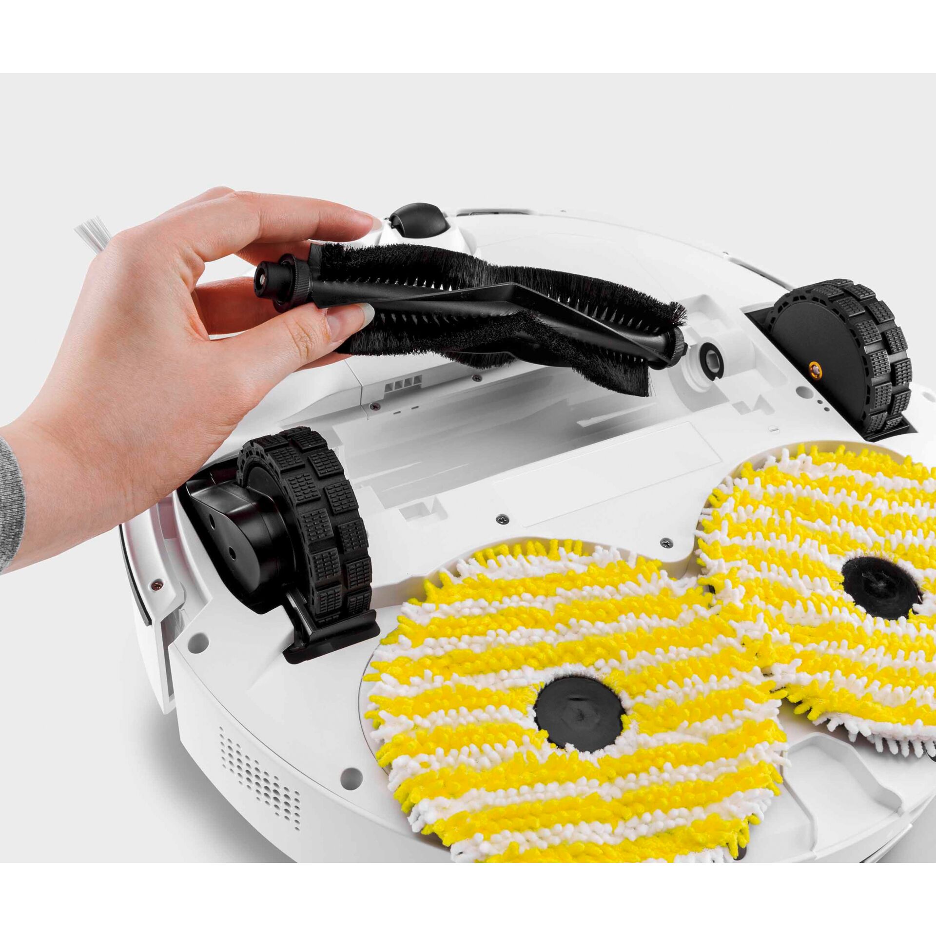 Roboter-Reinigungsgerät, Bürstenrolle, Rotierende Bürsten, Räder Getriebe, Weißes Gerät