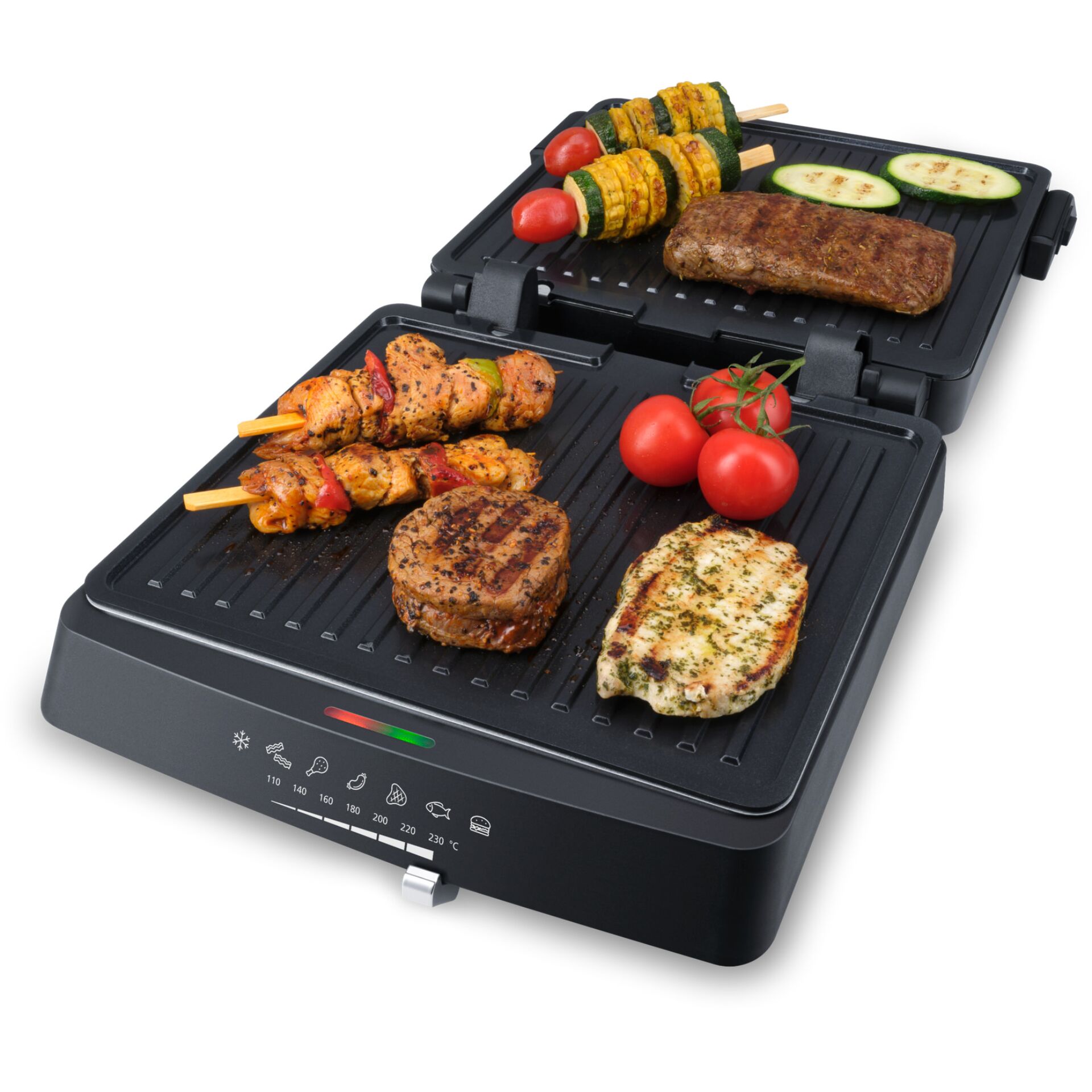 Grillplatte, Grillset, Steak, Hähnchenspieße, Gemüse