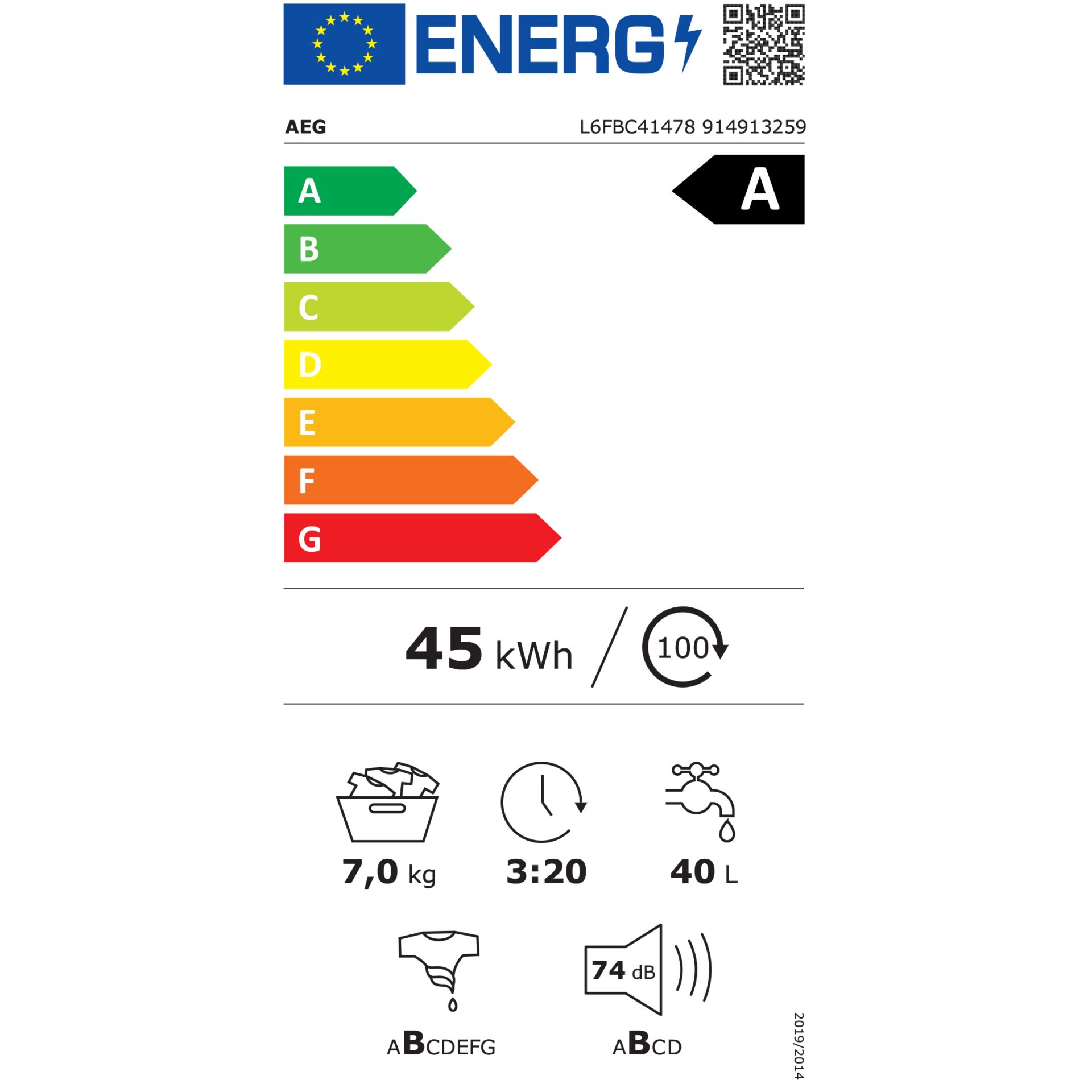 AEG L6FBC41478  Waschautomaten Frontlader – Energieeffizienzklasse A