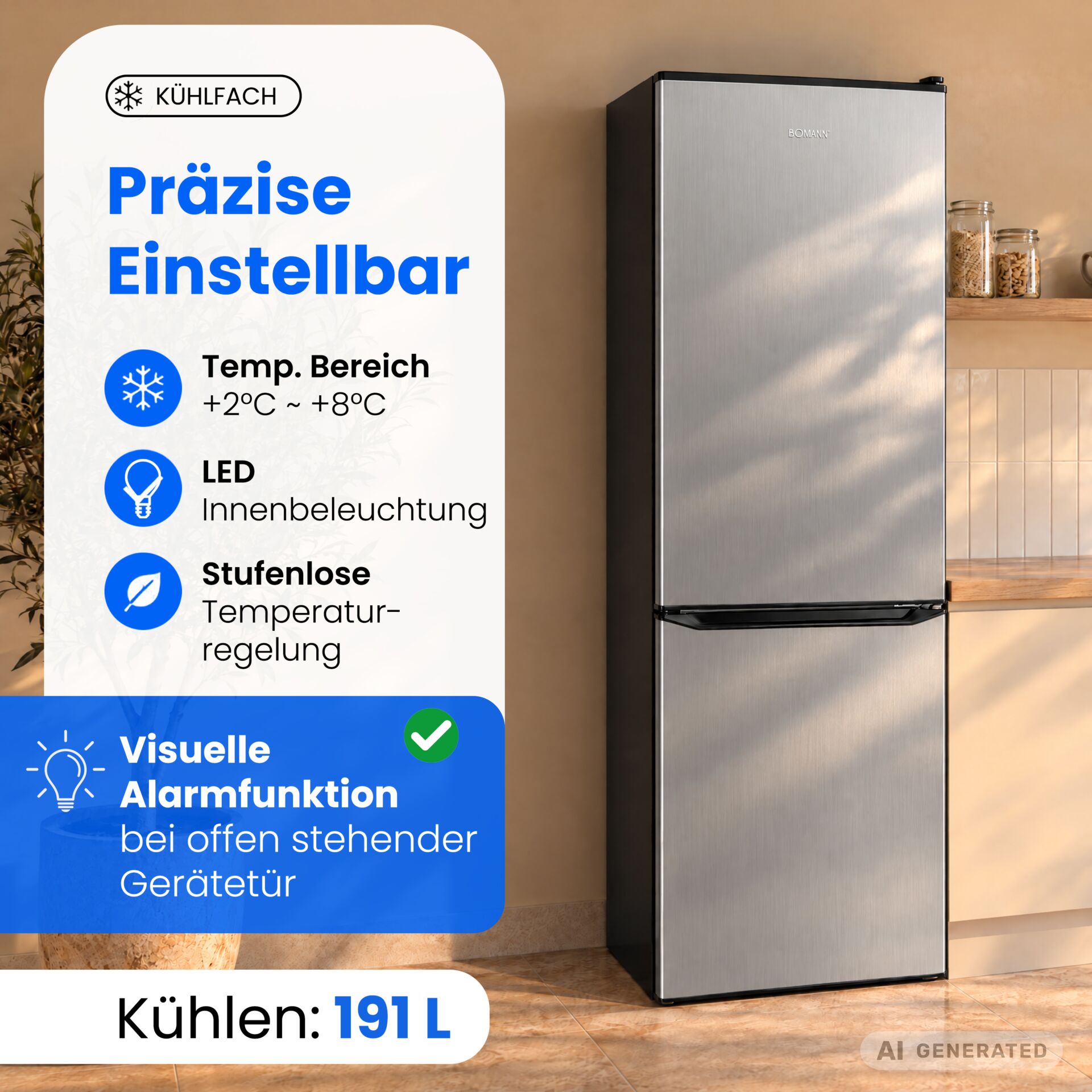 Kühlschrank, Edelstahloptik, Zweitürig, LED-Innenbeleuchtung, 191 Liter