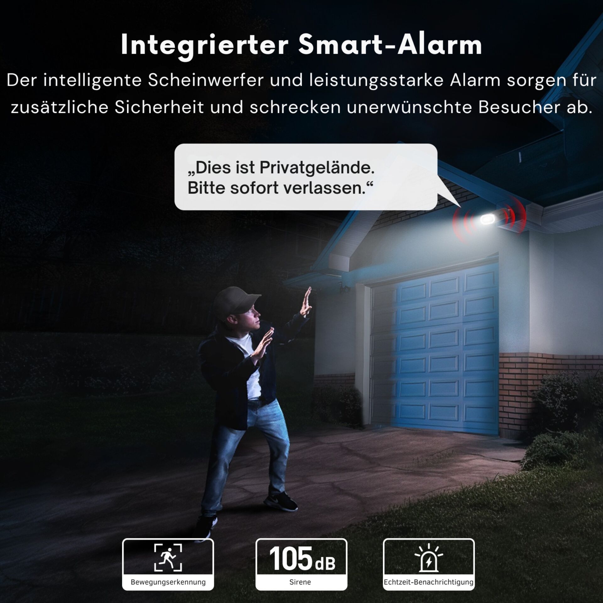 Smart-Alarm, Bewegungserkennung, Sirene, 105 dB, Privatgelände